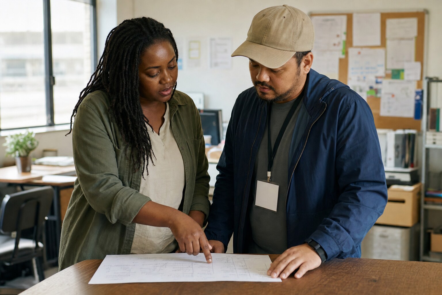 A frontline supervisor and employee reviewing a work plan together at a table.