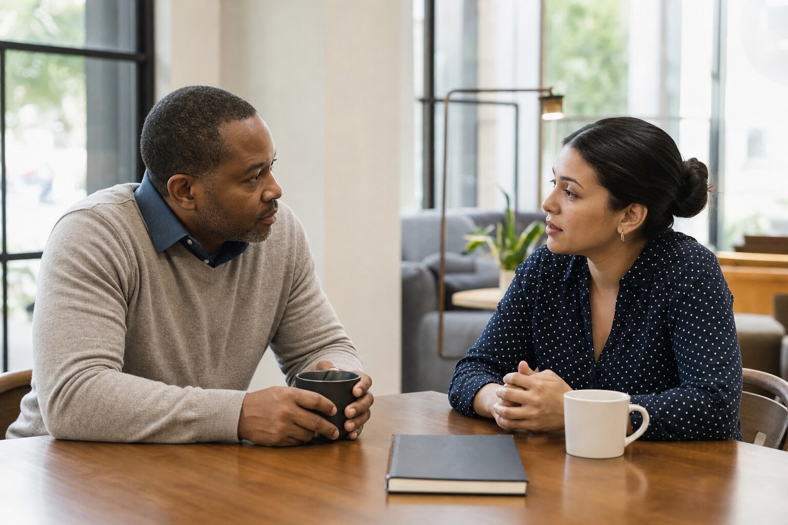 A manager and employee having a calm follow-up conversation at a table.