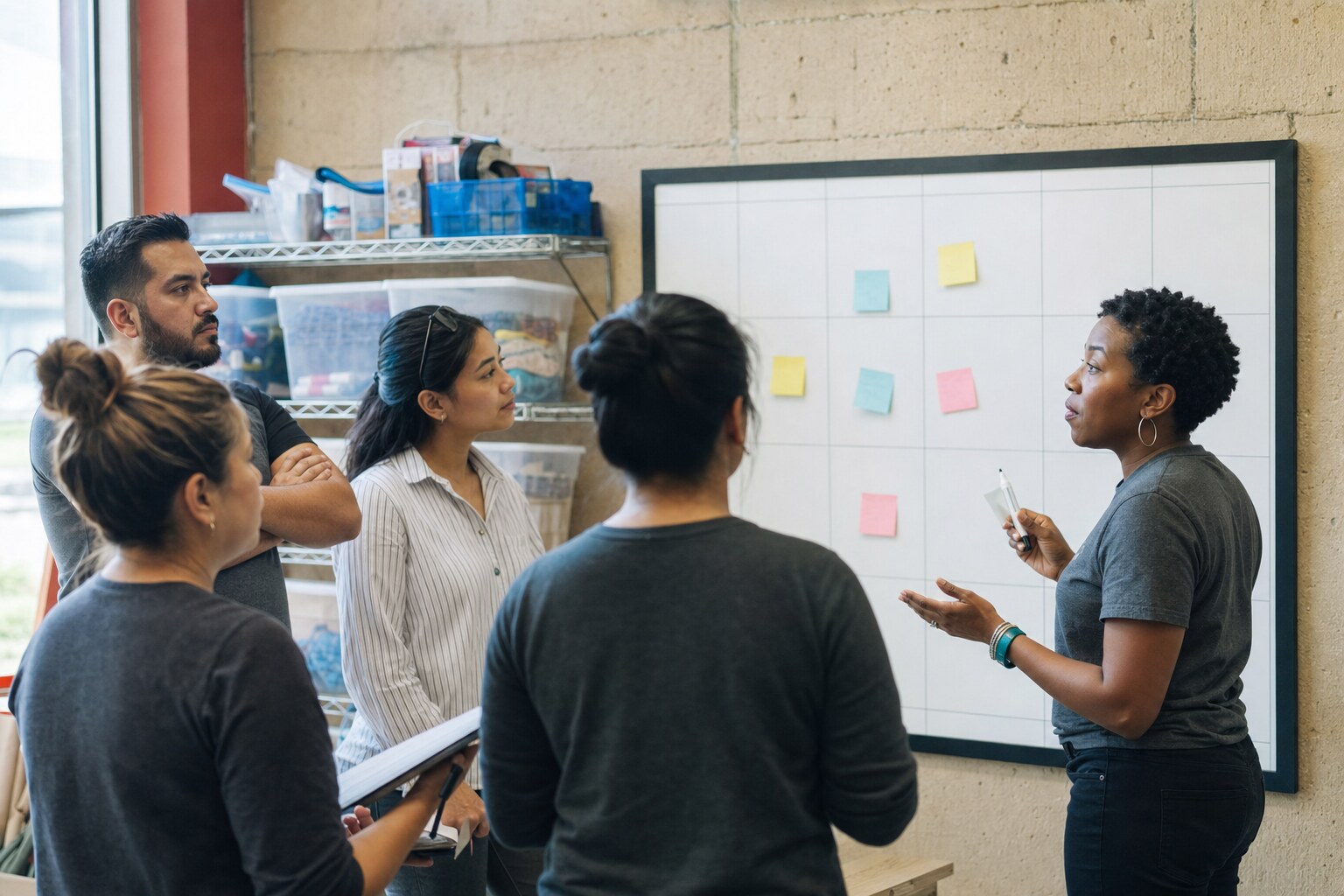 A frontline team discussing a shared work plan during a short huddle.