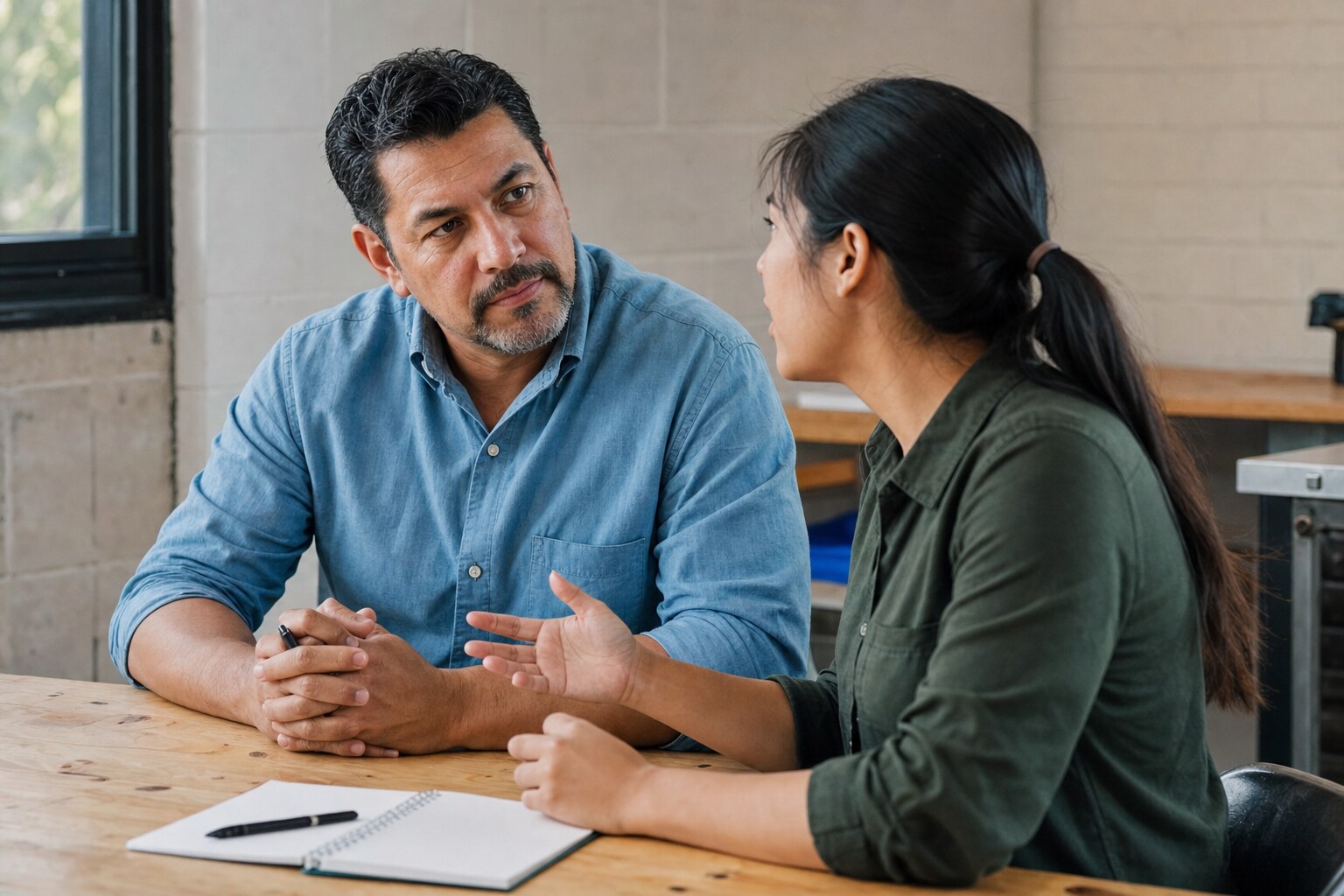 A supervisor listening carefully while a team member explains a work concern.