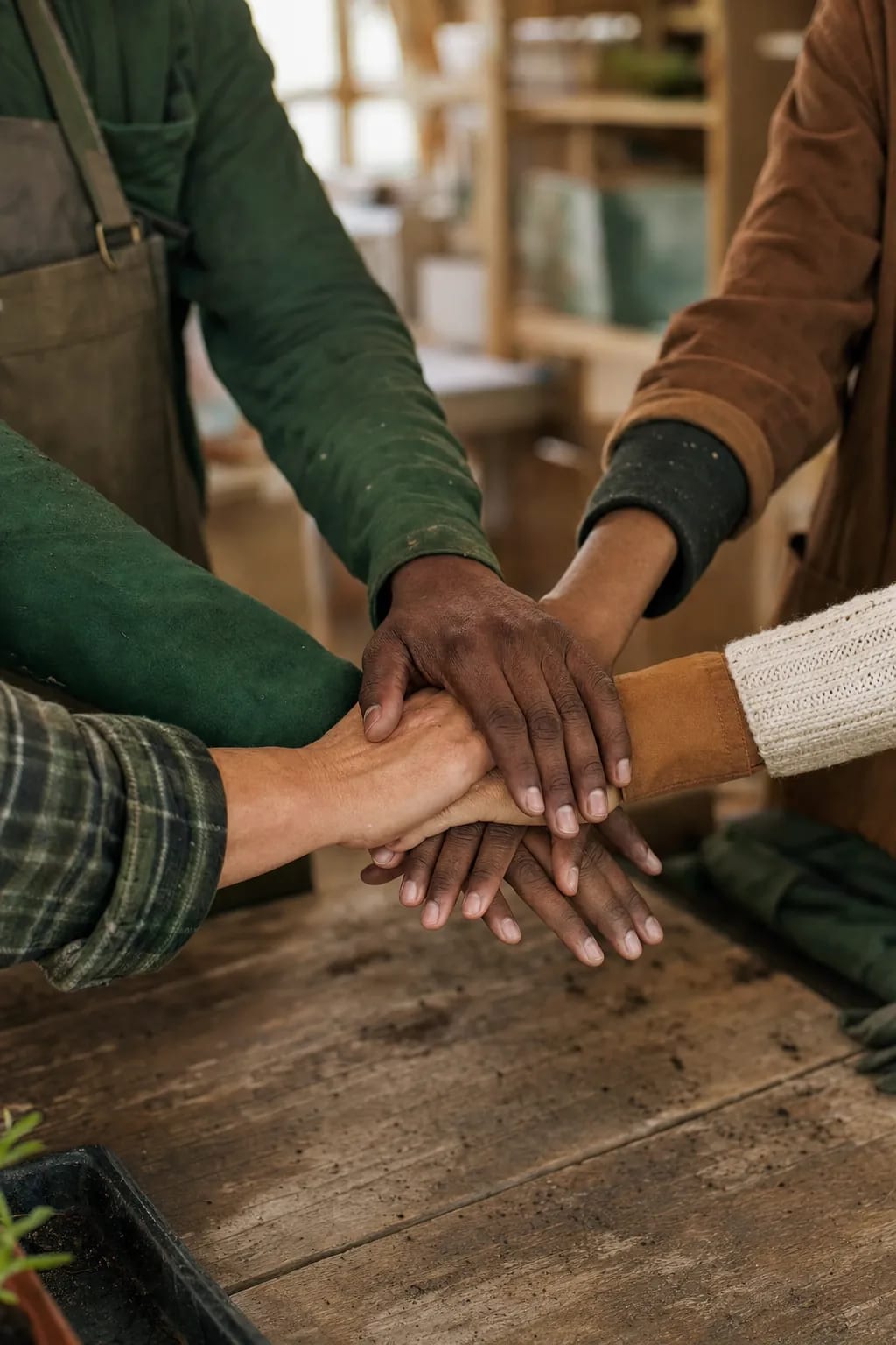 Coworkers placing their hands together in a gesture of shared commitment.