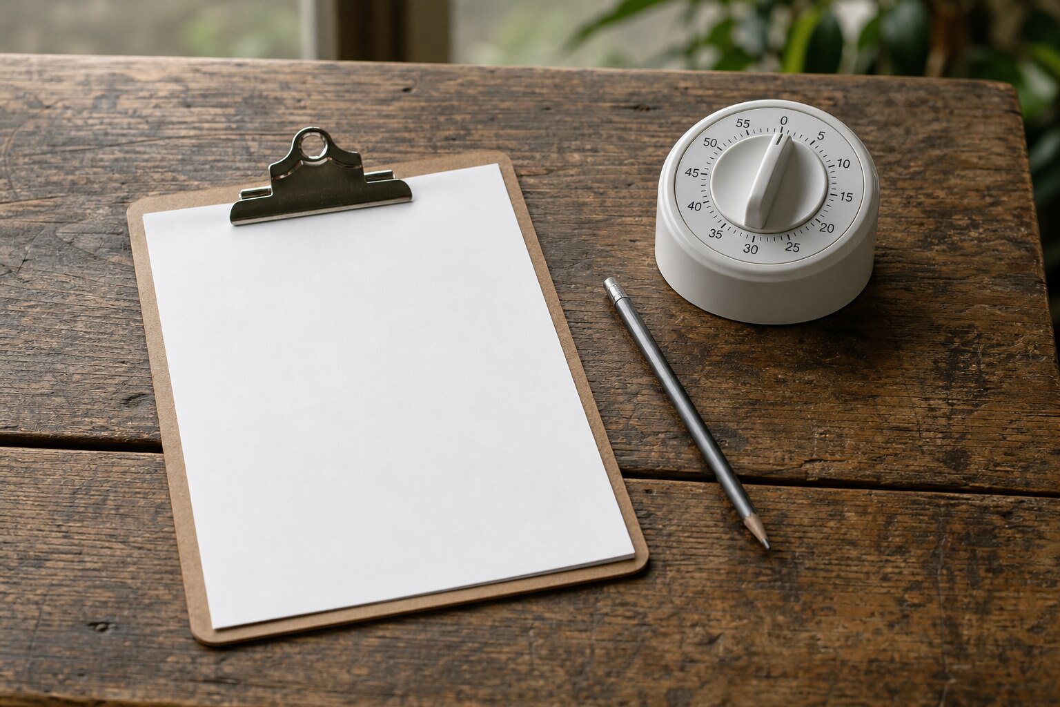 A blank clipboard, timer, and pencil arranged for a deliberate work agreement.