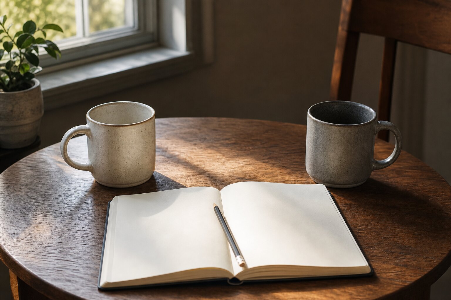 Two mugs and an open notebook prepared for a careful work conversation.