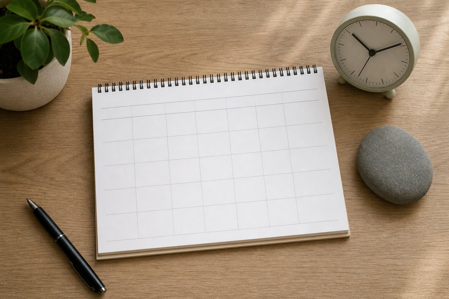 A blank desk calendar, clock, and stone representing a clear follow-up plan.