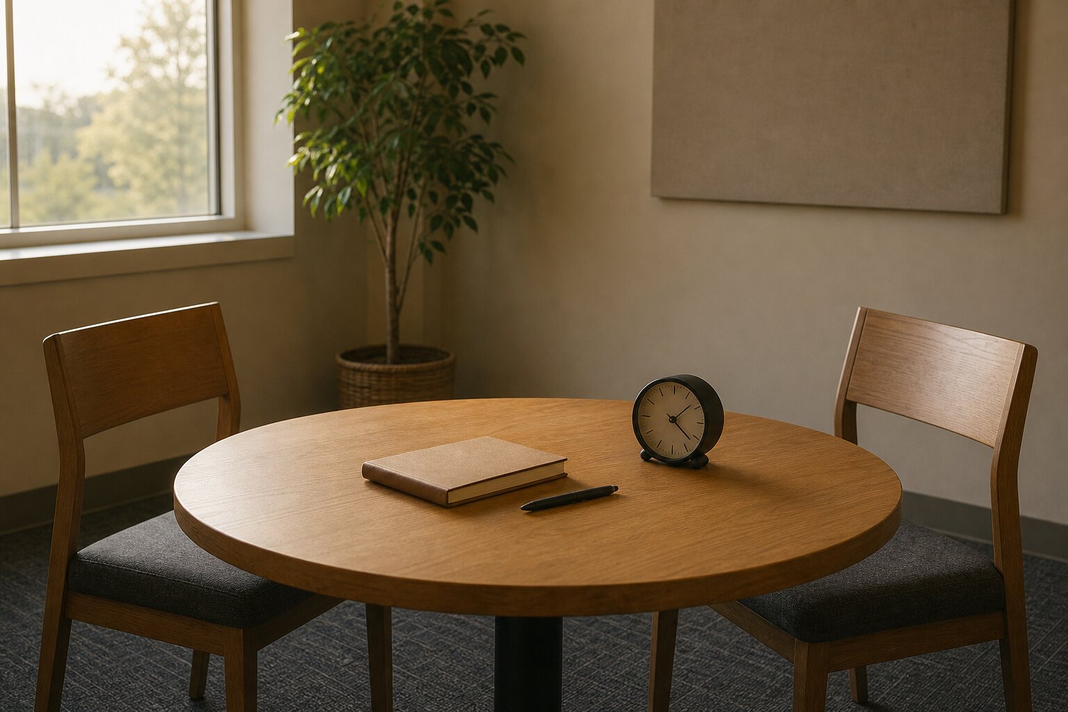 A quiet meeting room with two chairs, a notebook, and a clock prepared for a thoughtful conversation.