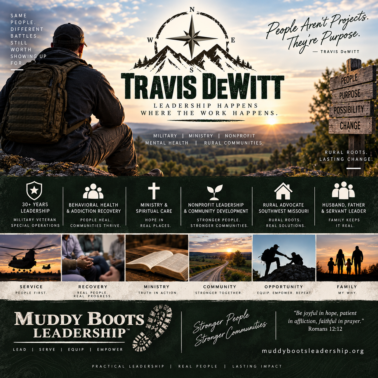 Muddy Boots Leadership values: service, recovery, ministry, community, opportunity, and family