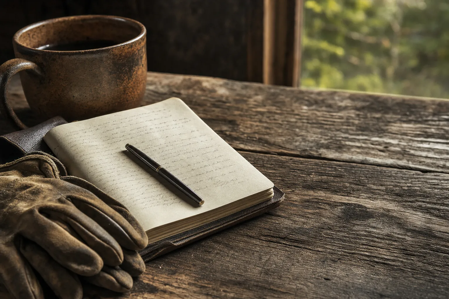 Notebook, pen, work gloves, and mug on a wooden table