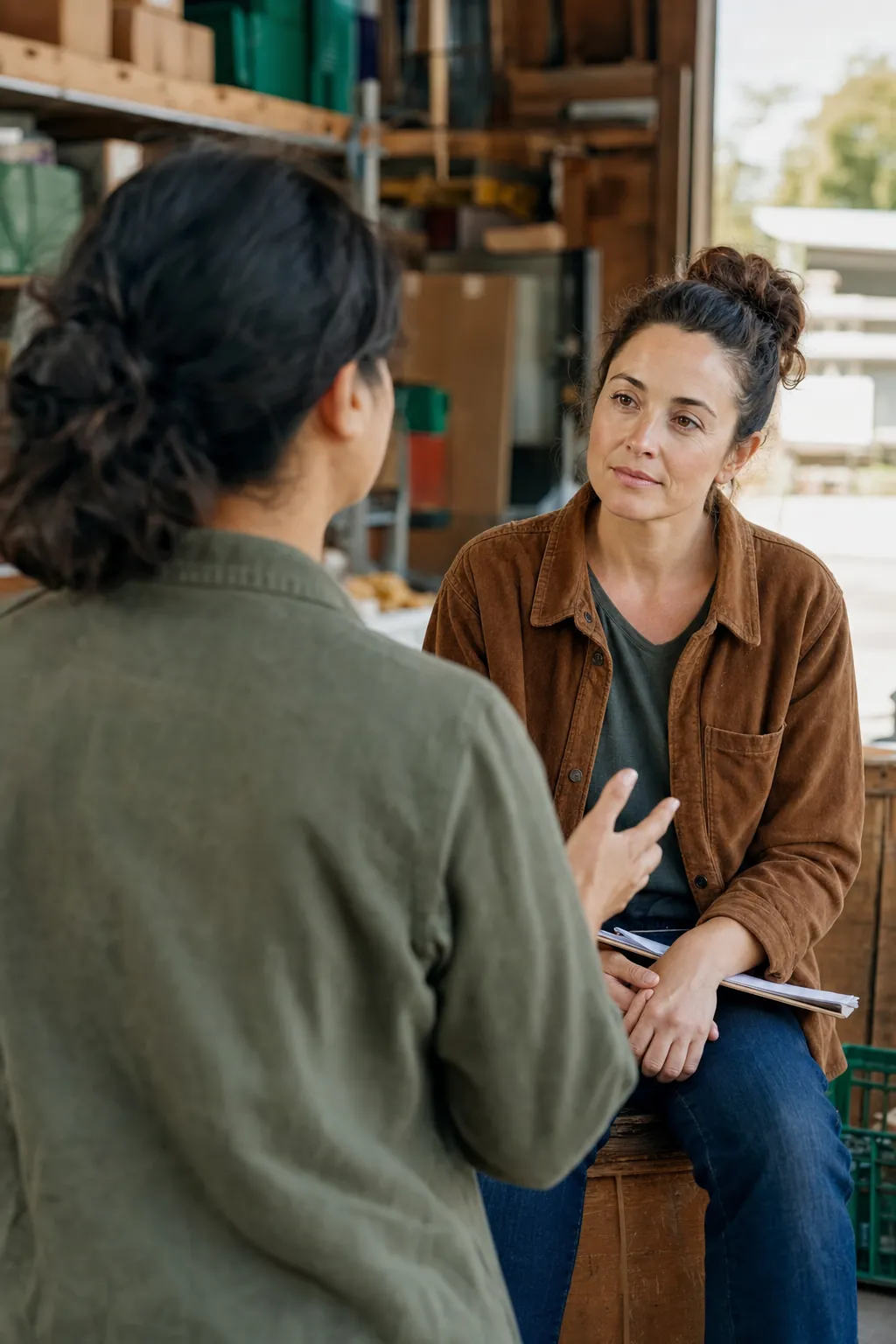 Two frontline colleagues talking through a work challenge