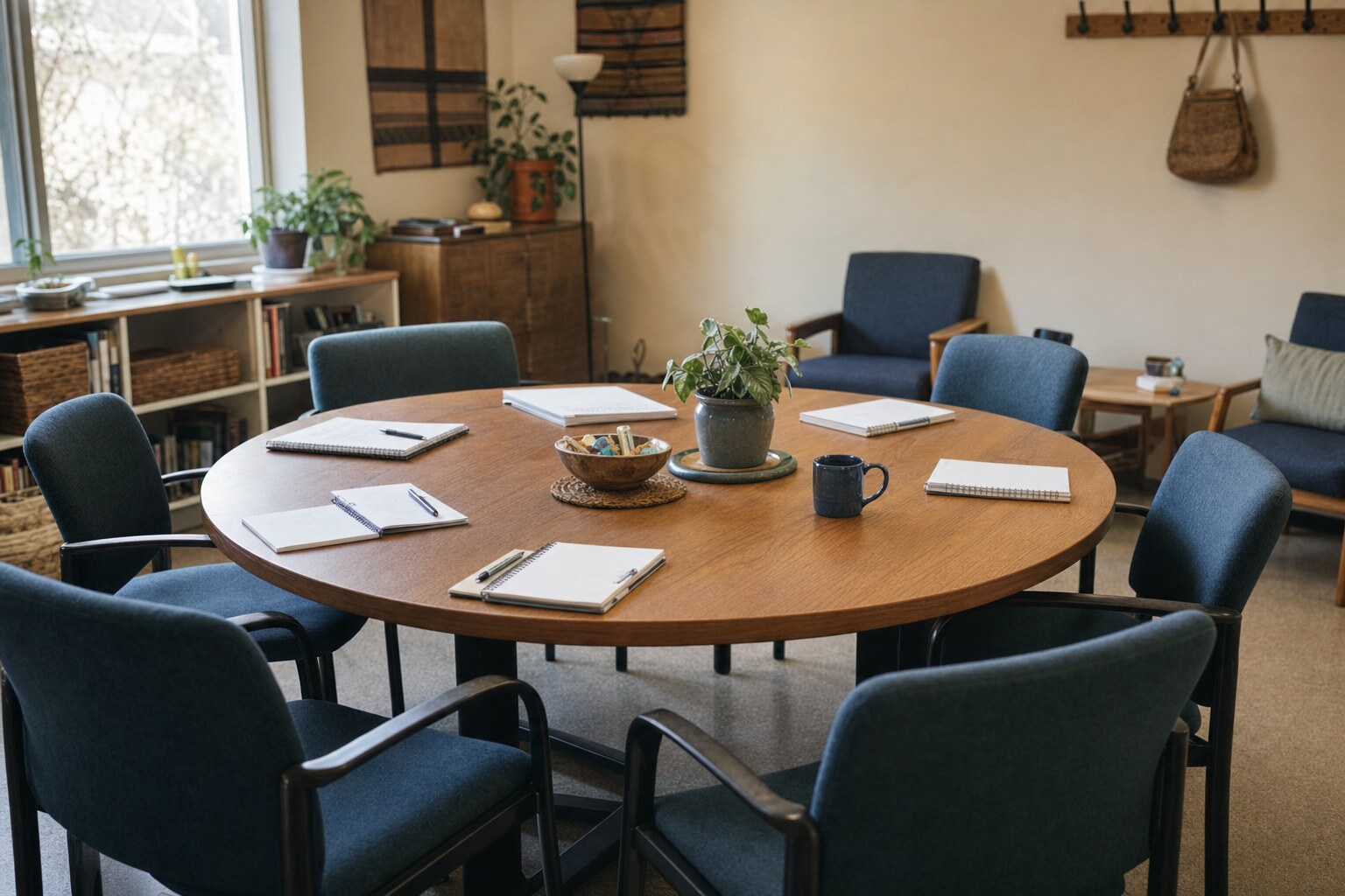 A community services team meeting room prepared for a leadership conversation