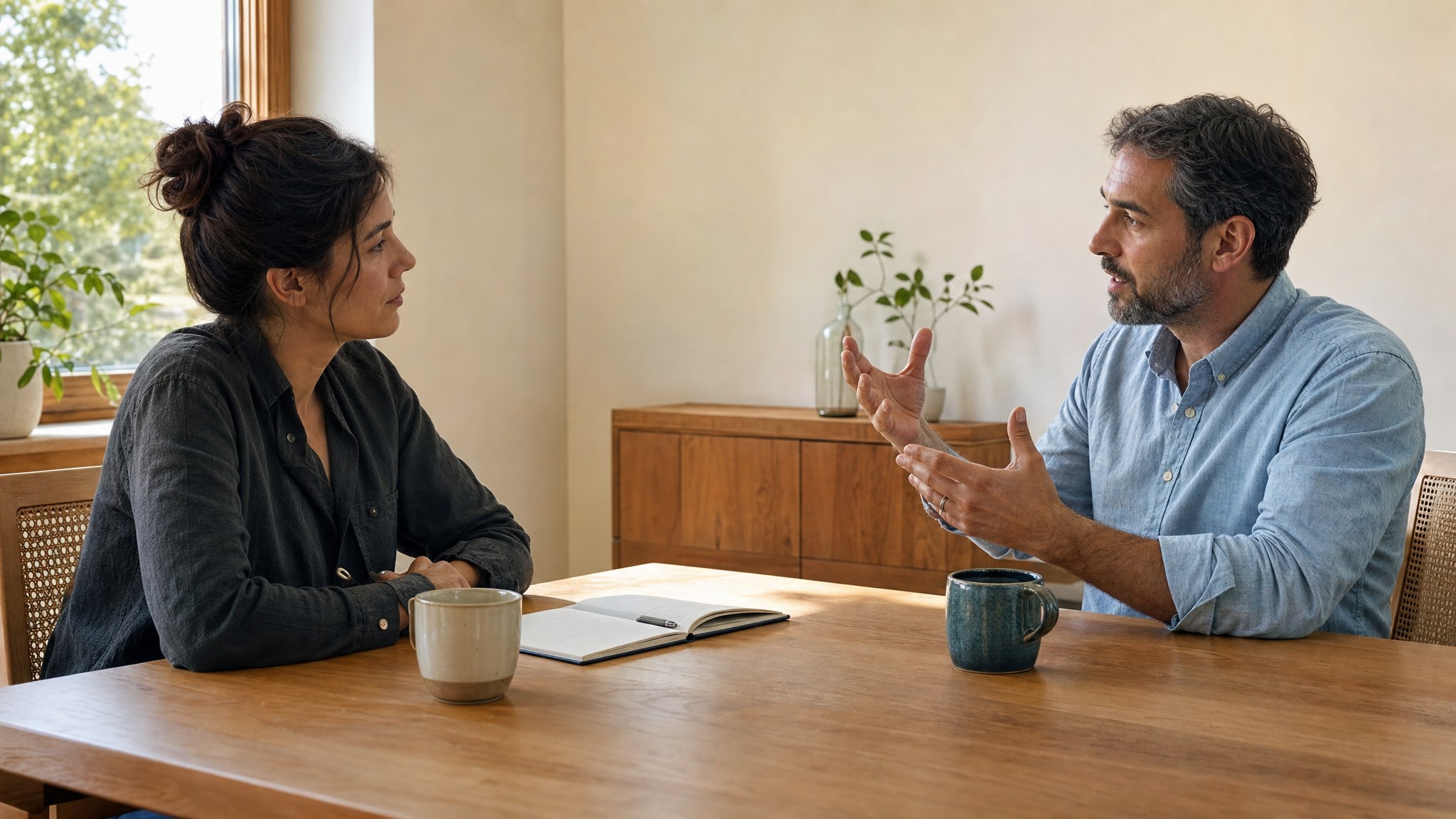 Two leaders in a focused one-to-one coaching conversation