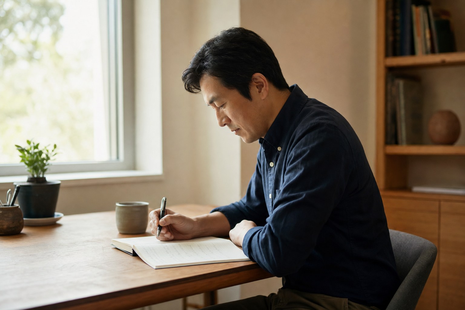 A supervisor reflecting and writing notes at a desk