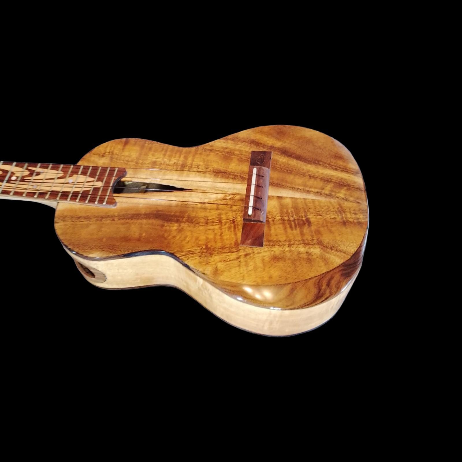 Detail view of koa live-edge tenor ukulele