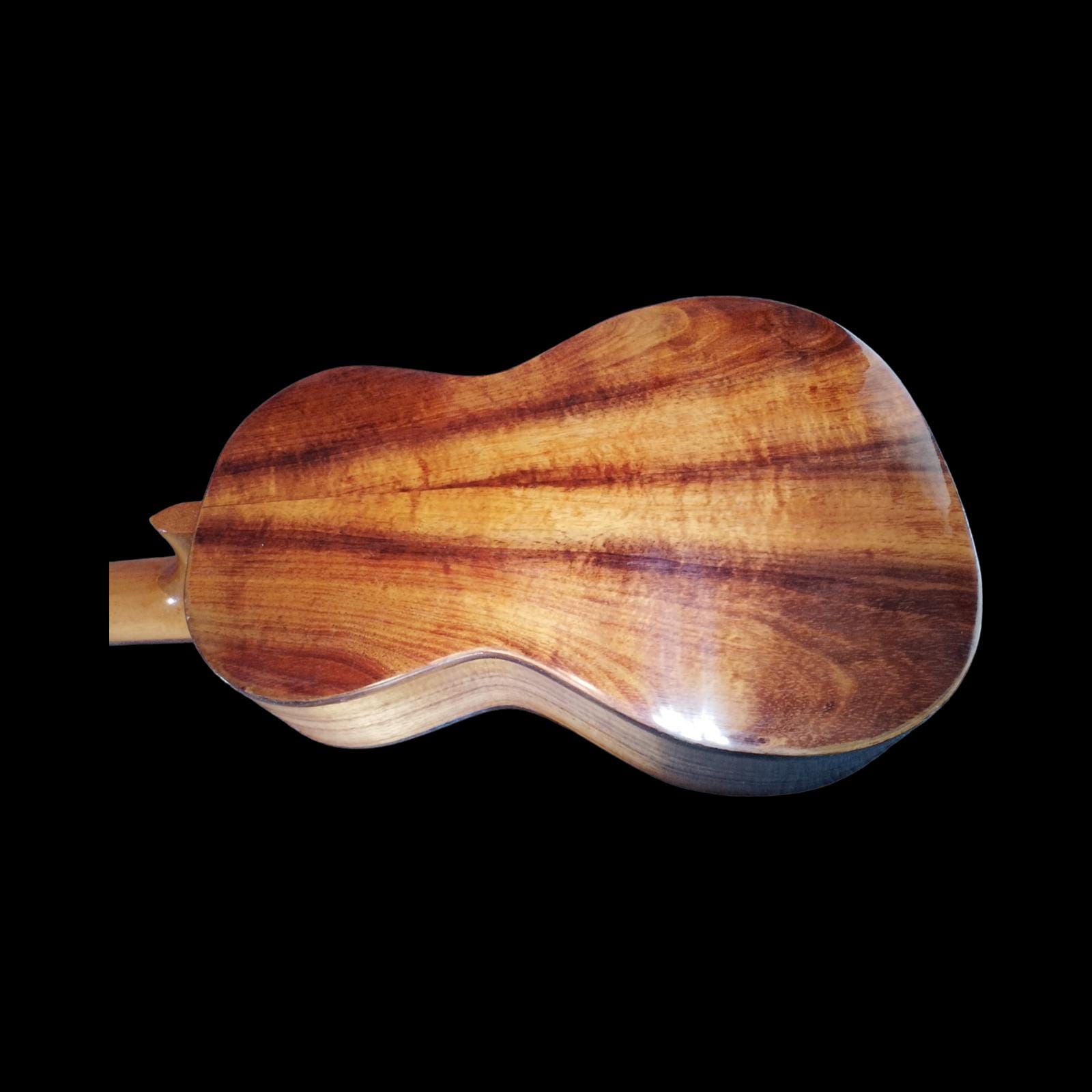 Flame maple tenor ukulele sound-hole detail