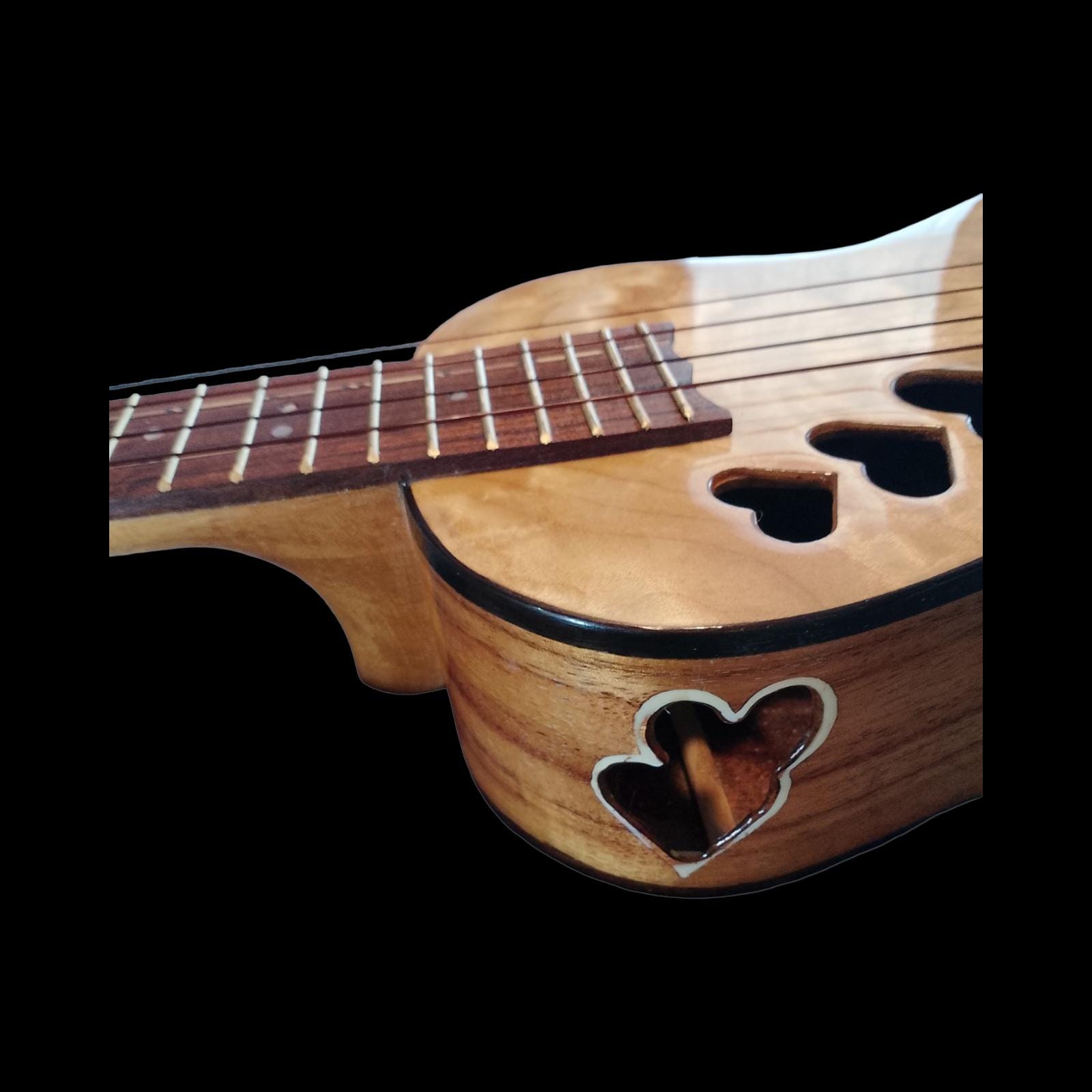 Koa and flame maple tenor ukulele detail