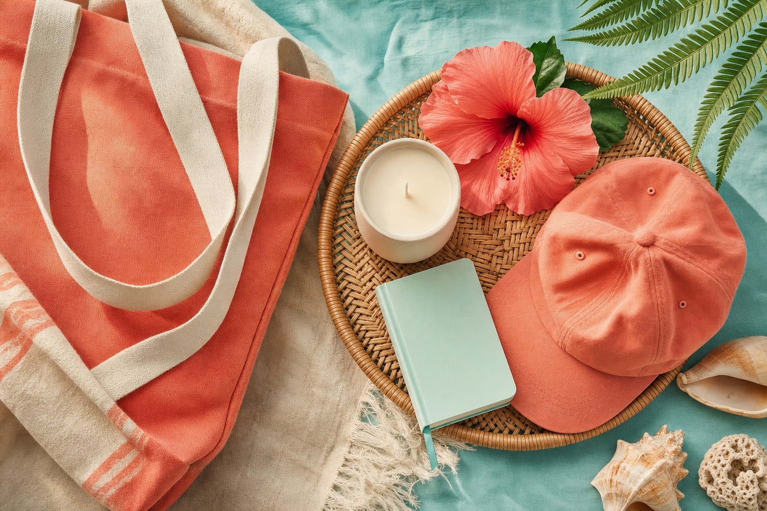 Colorful coastal lifestyle pieces in coral, teal, and ocean-inspired tones