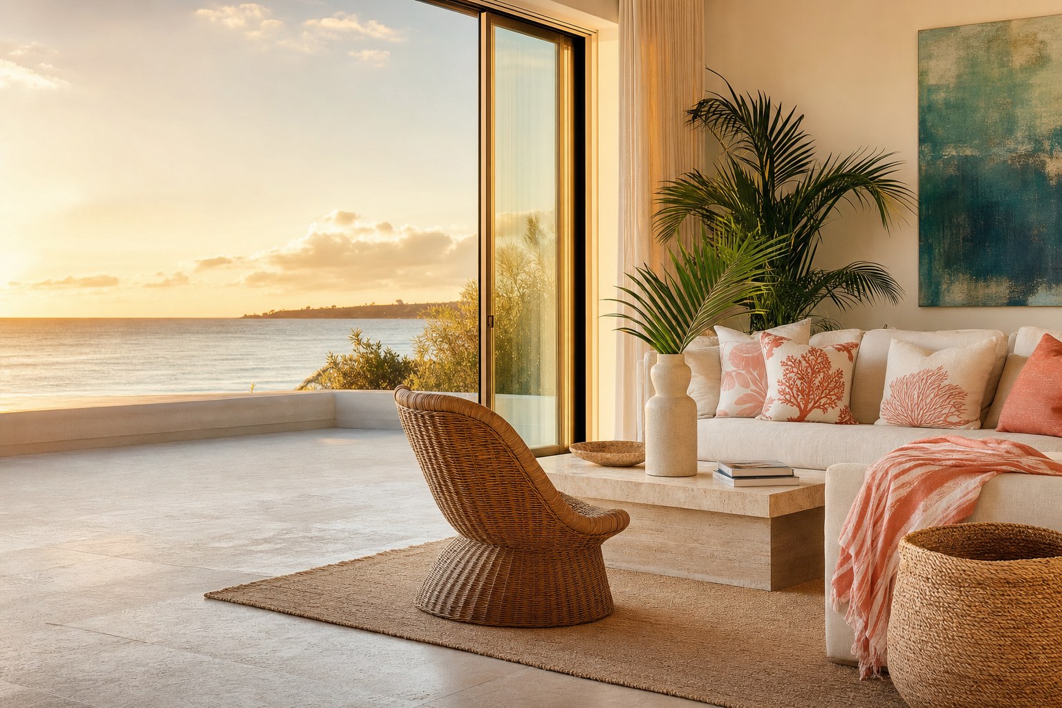Sunlit Florida coastal living room with coral pillows, woven furniture, and ocean sunset views