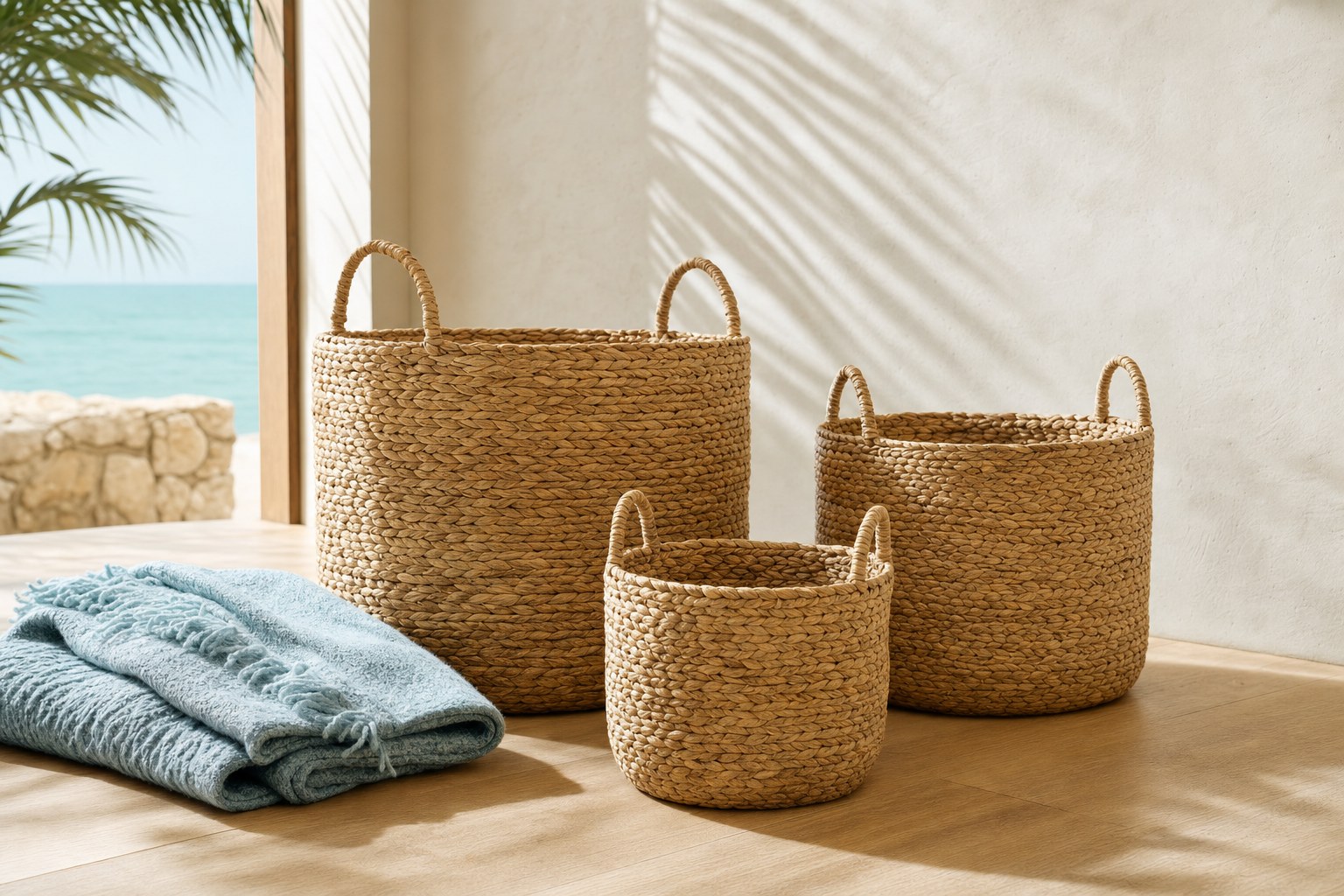 Woven seagrass baskets beside folded blue textiles in a sunlit room