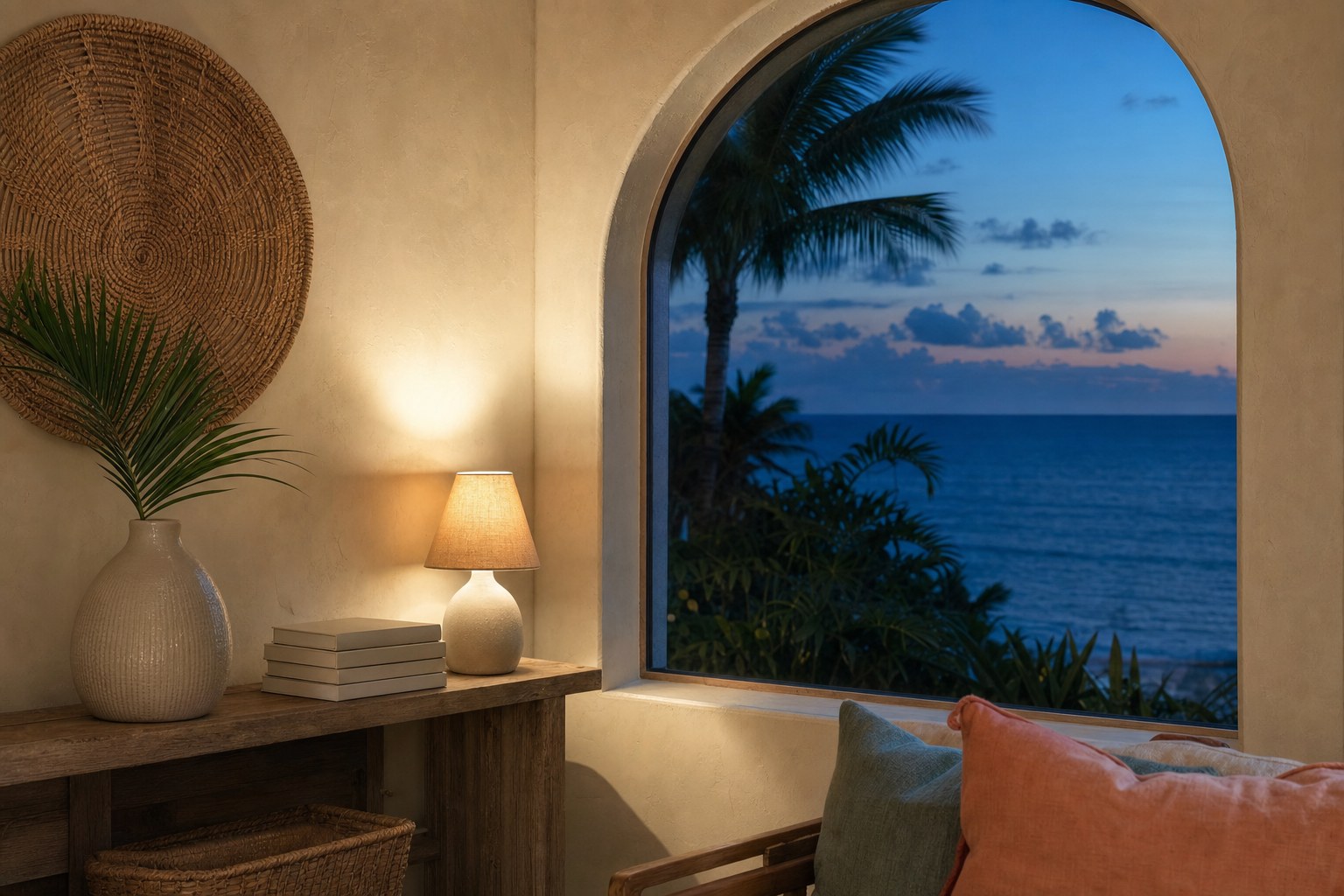 Quiet coastal home nook with a rattan wall hanging and a view of palms at blue hour