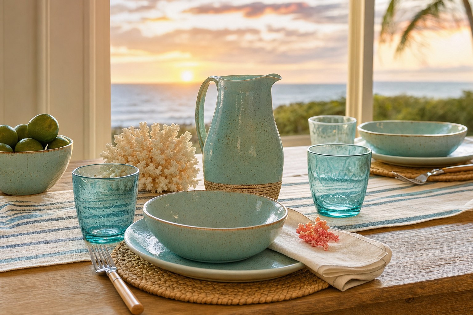 Turquoise glassware and ceramic bowls set on a coastal table at sunset