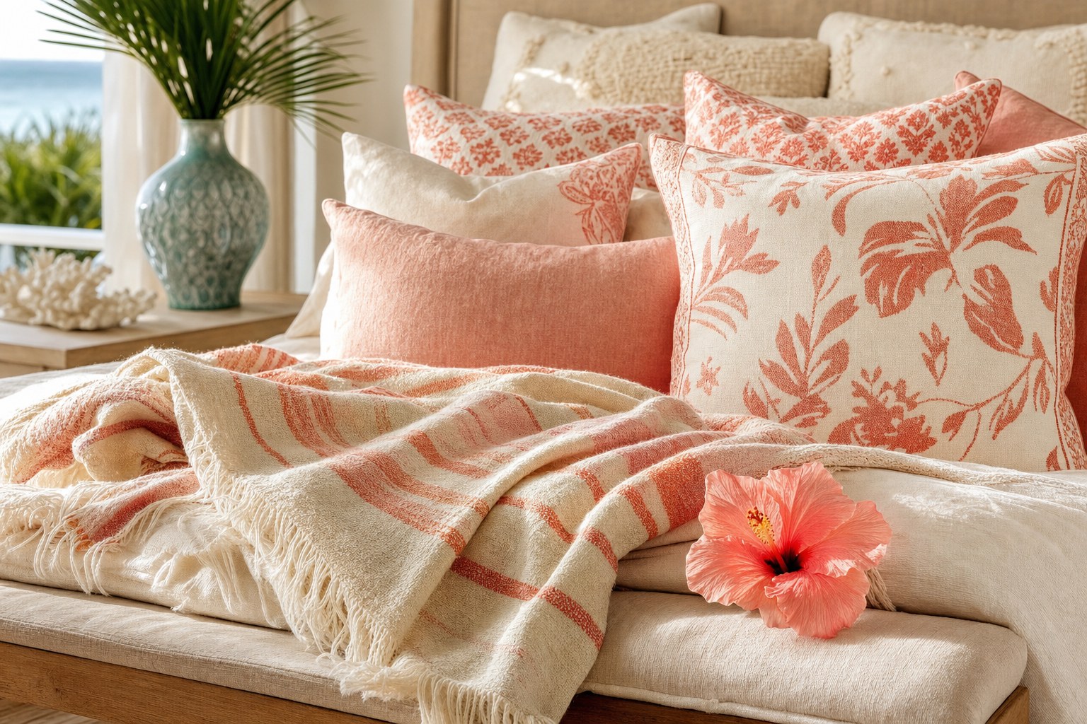 Coral patterned pillows, a striped throw, and a hibiscus on a sunlit sofa