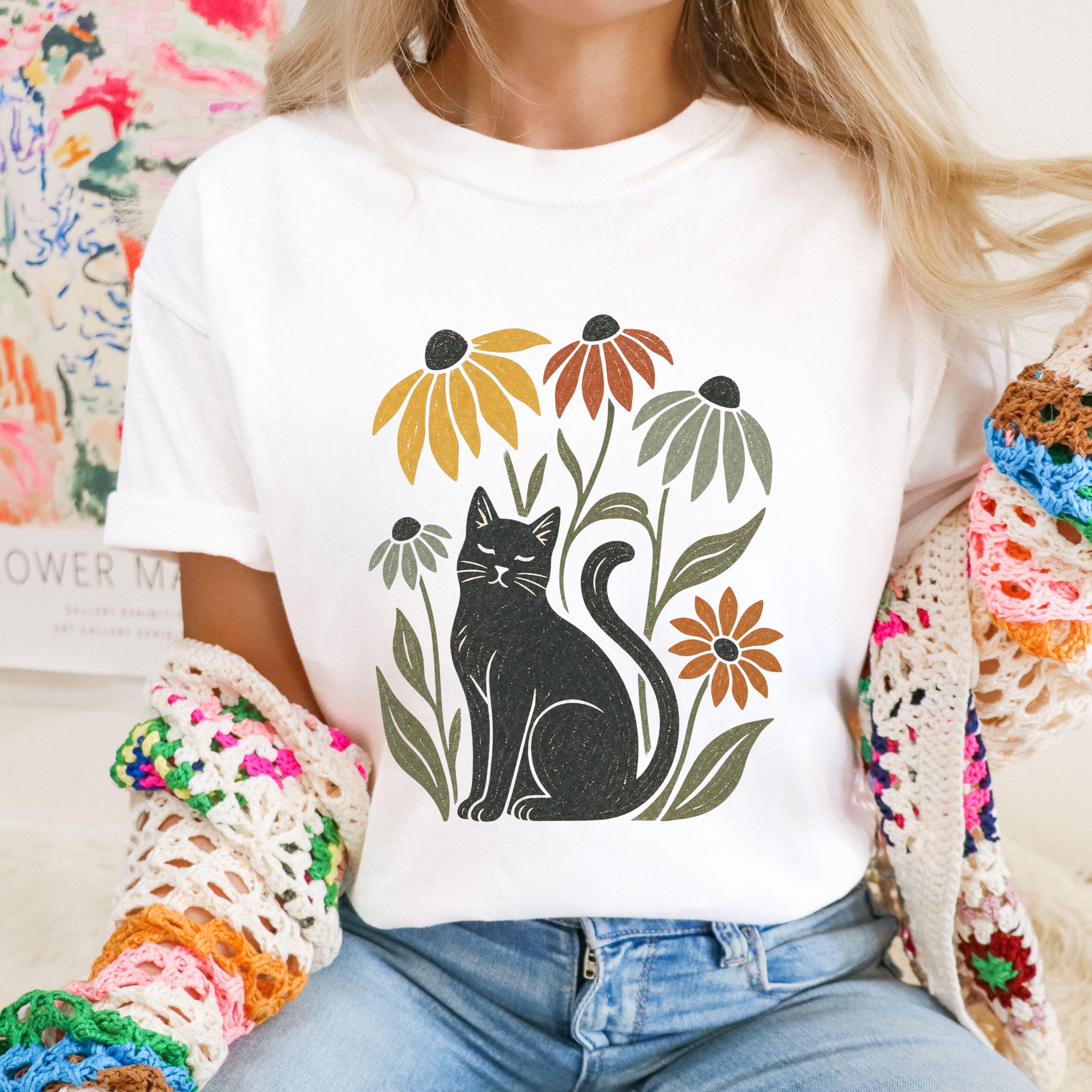 Black Cat with Coneflowers T-shirt | Floral Cat Tee product photo 1