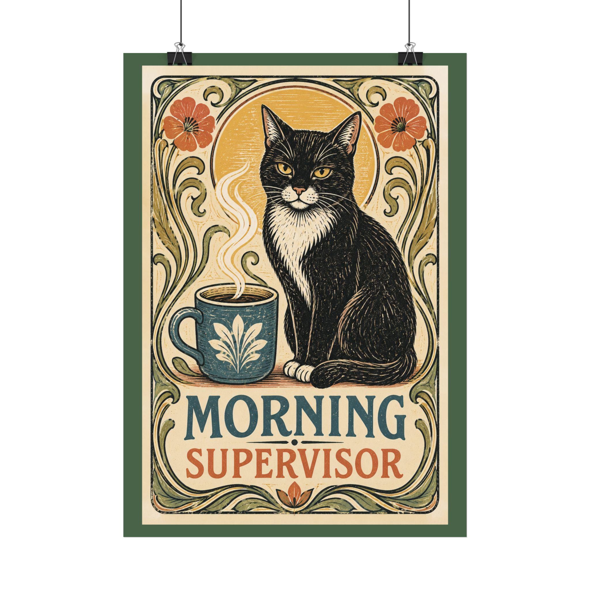 Morning Supervisor Cat Poster | Retro Art Nouveau Coffee Cat Print product photo 1