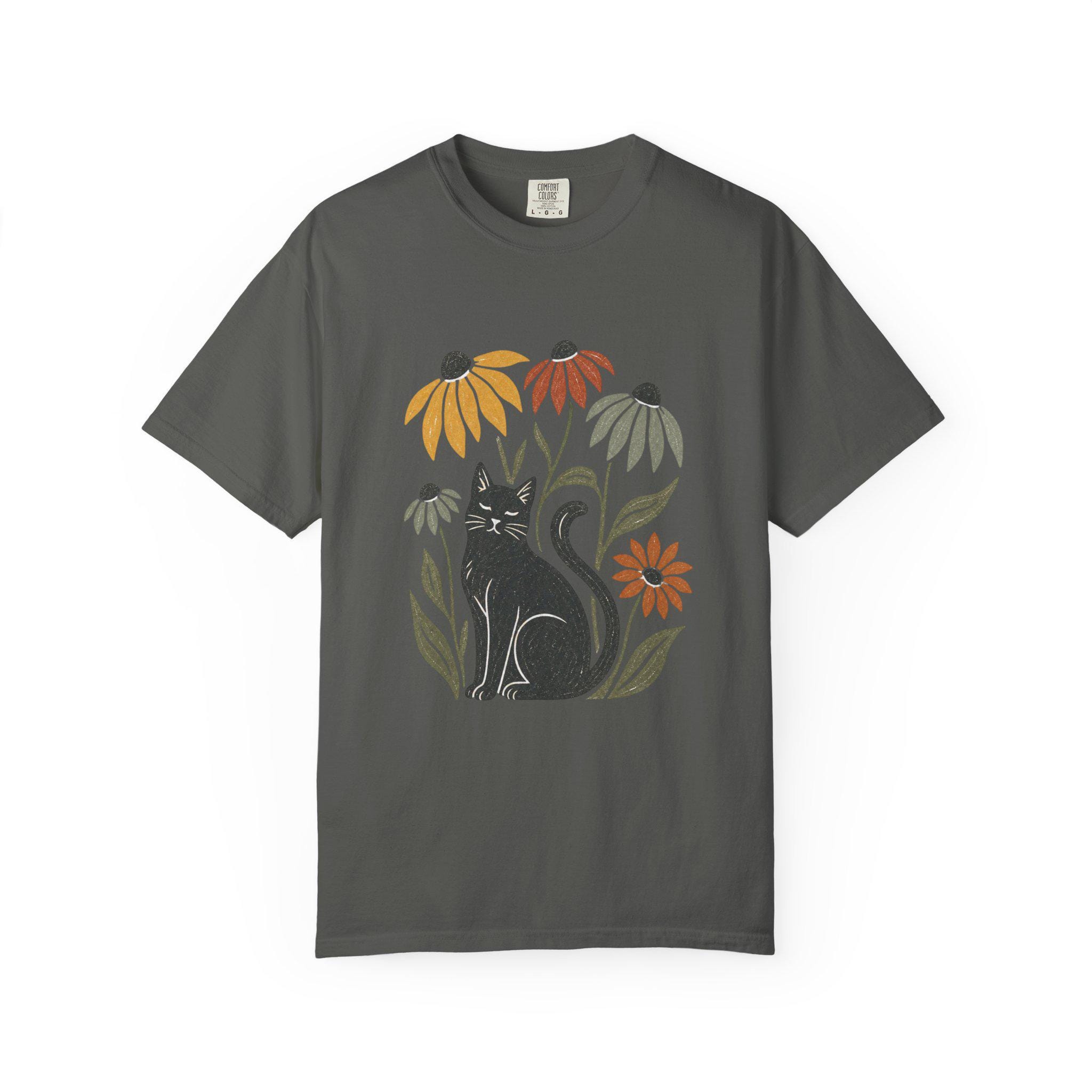 Black Cat with Coneflowers T-shirt | Floral Cat Tee product photo 12