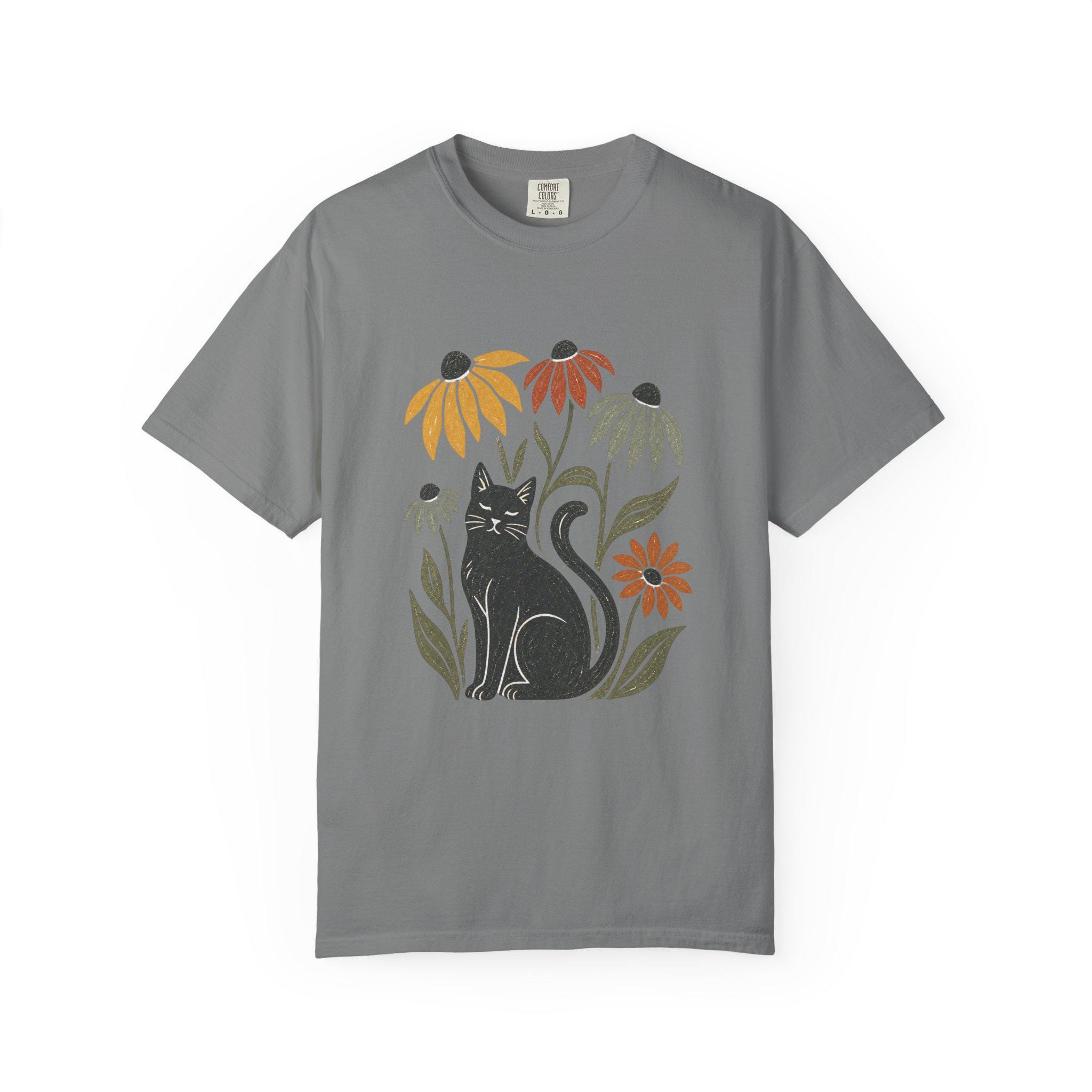 Black Cat with Coneflowers T-shirt | Floral Cat Tee product photo 13