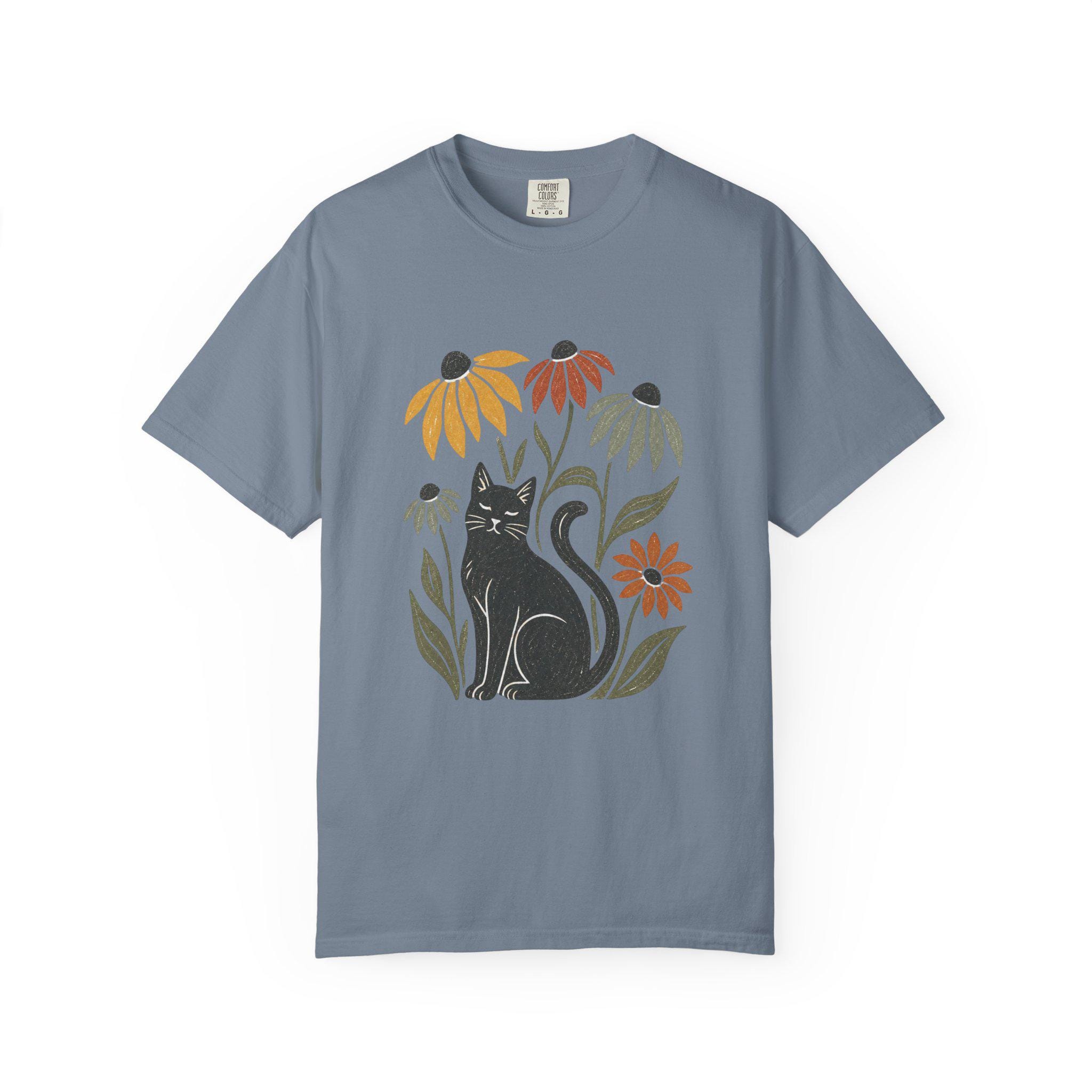 Black Cat with Coneflowers T-shirt | Floral Cat Tee product photo 15