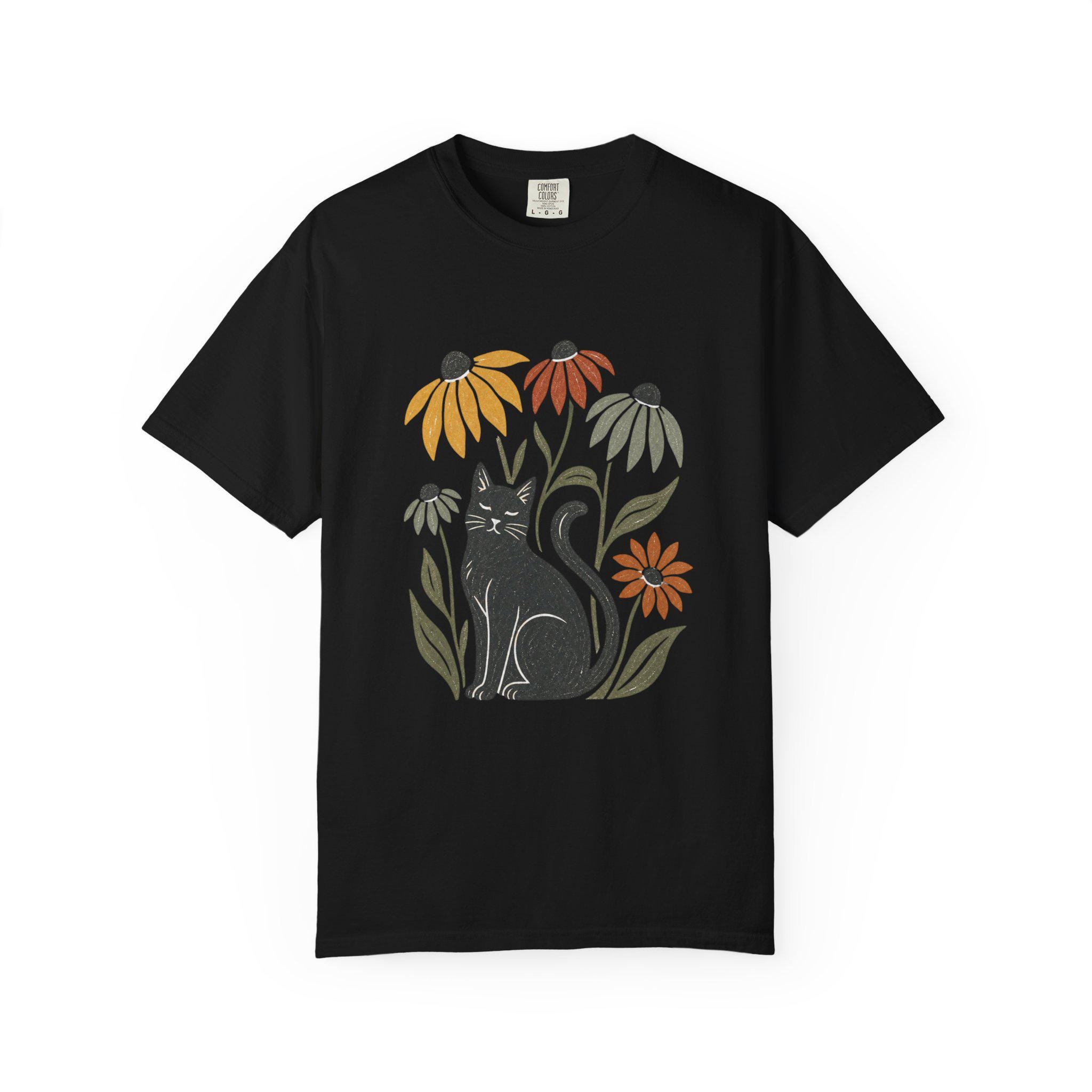 Black Cat with Coneflowers T-shirt | Floral Cat Tee product photo 16