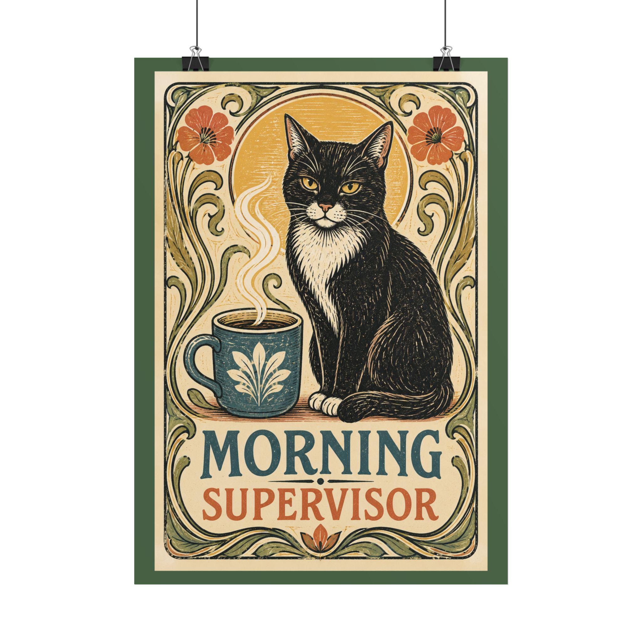 Morning Supervisor Cat Poster | Retro Art Nouveau Coffee Cat Print product photo 2