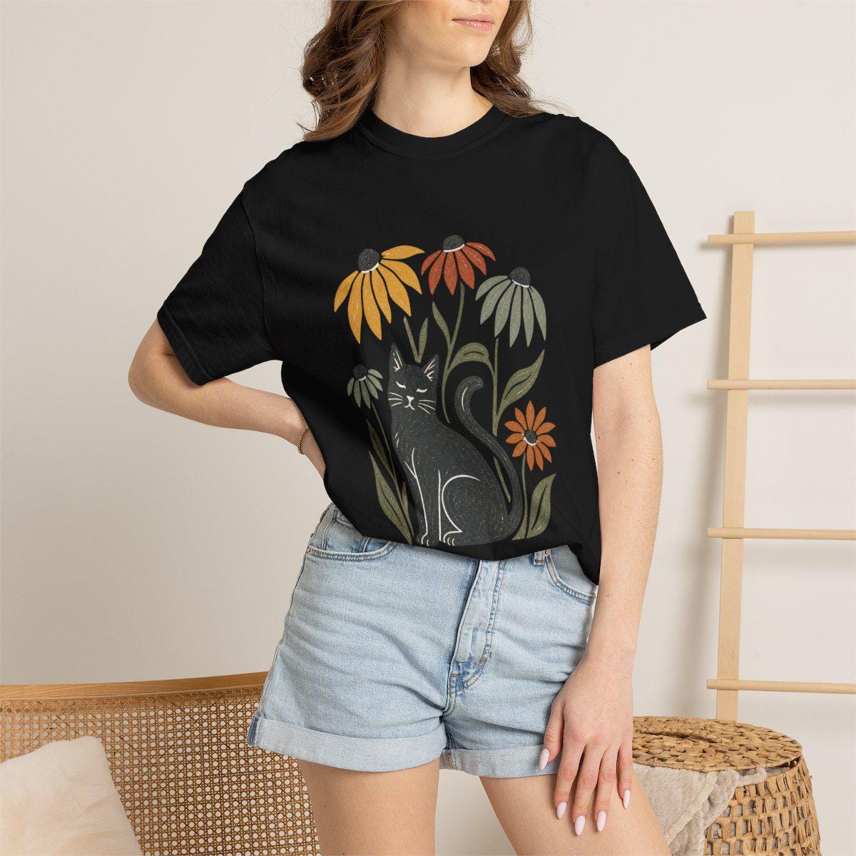 Black Cat with Coneflowers T-shirt | Floral Cat Tee product photo 2