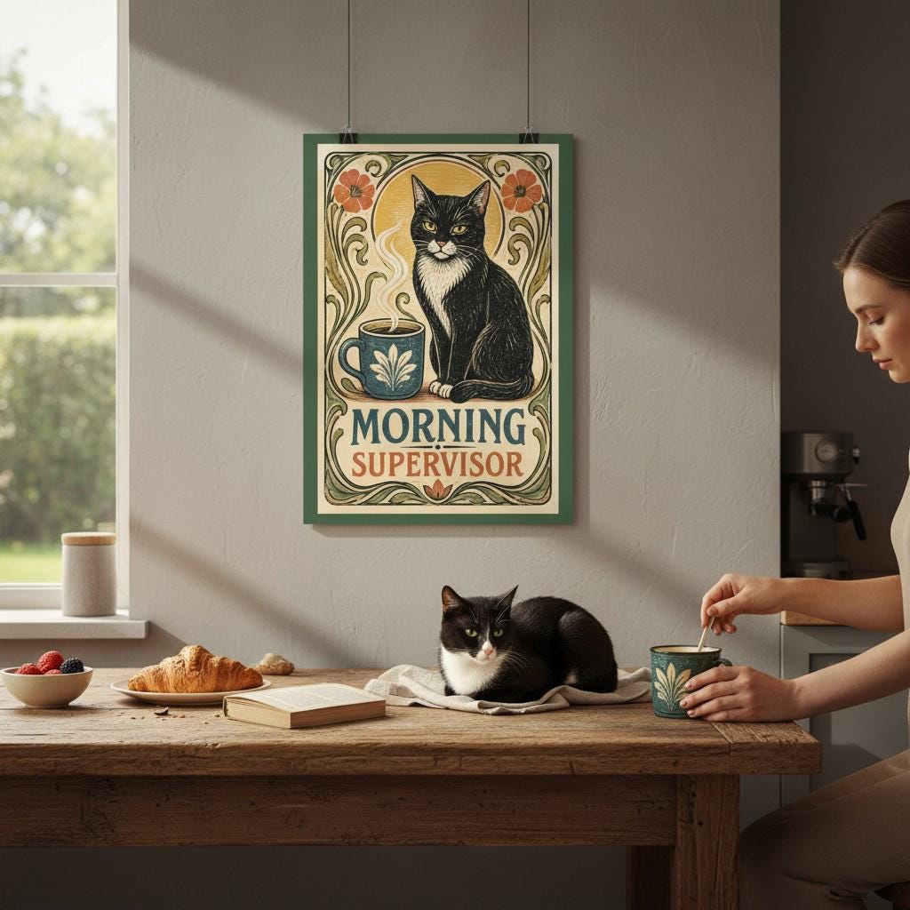 Morning Supervisor Cat Poster | Retro Art Nouveau Coffee Cat Print product photo 3