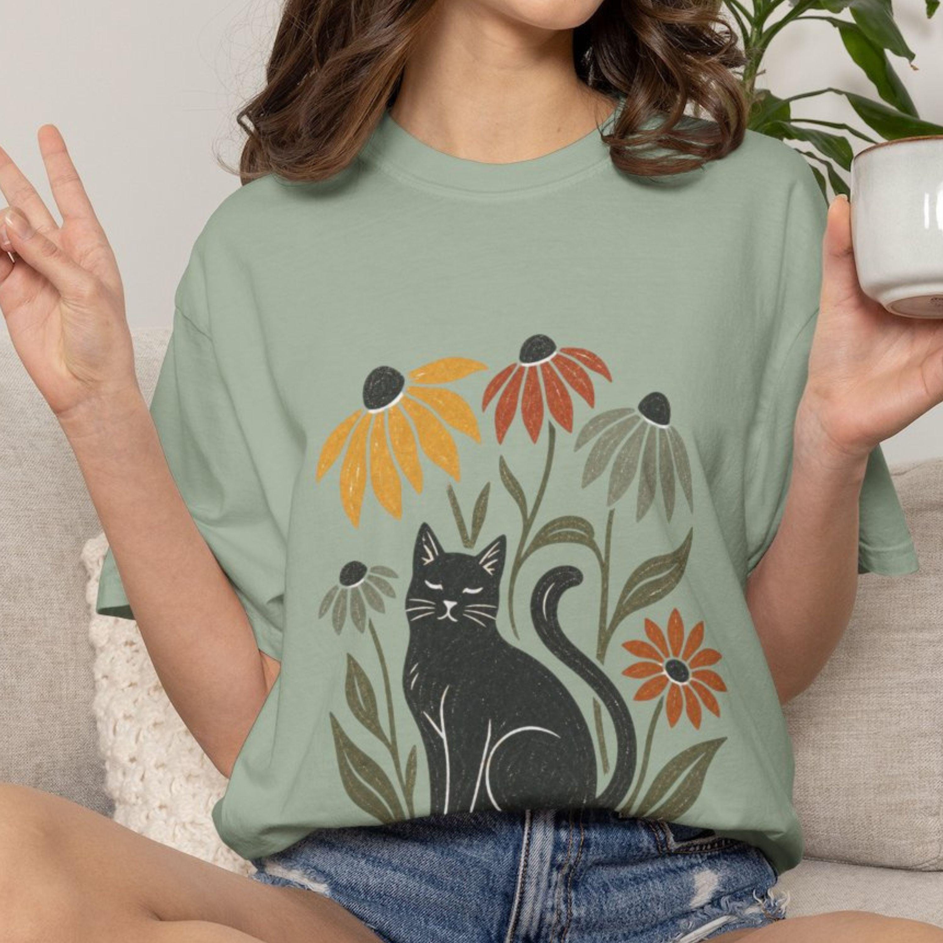 Black Cat with Coneflowers T-shirt | Floral Cat Tee product photo 3