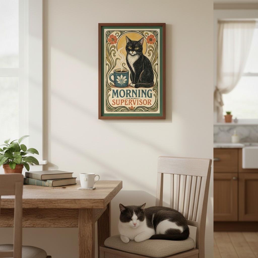 Morning Supervisor Cat Poster | Retro Art Nouveau Coffee Cat Print product photo 4