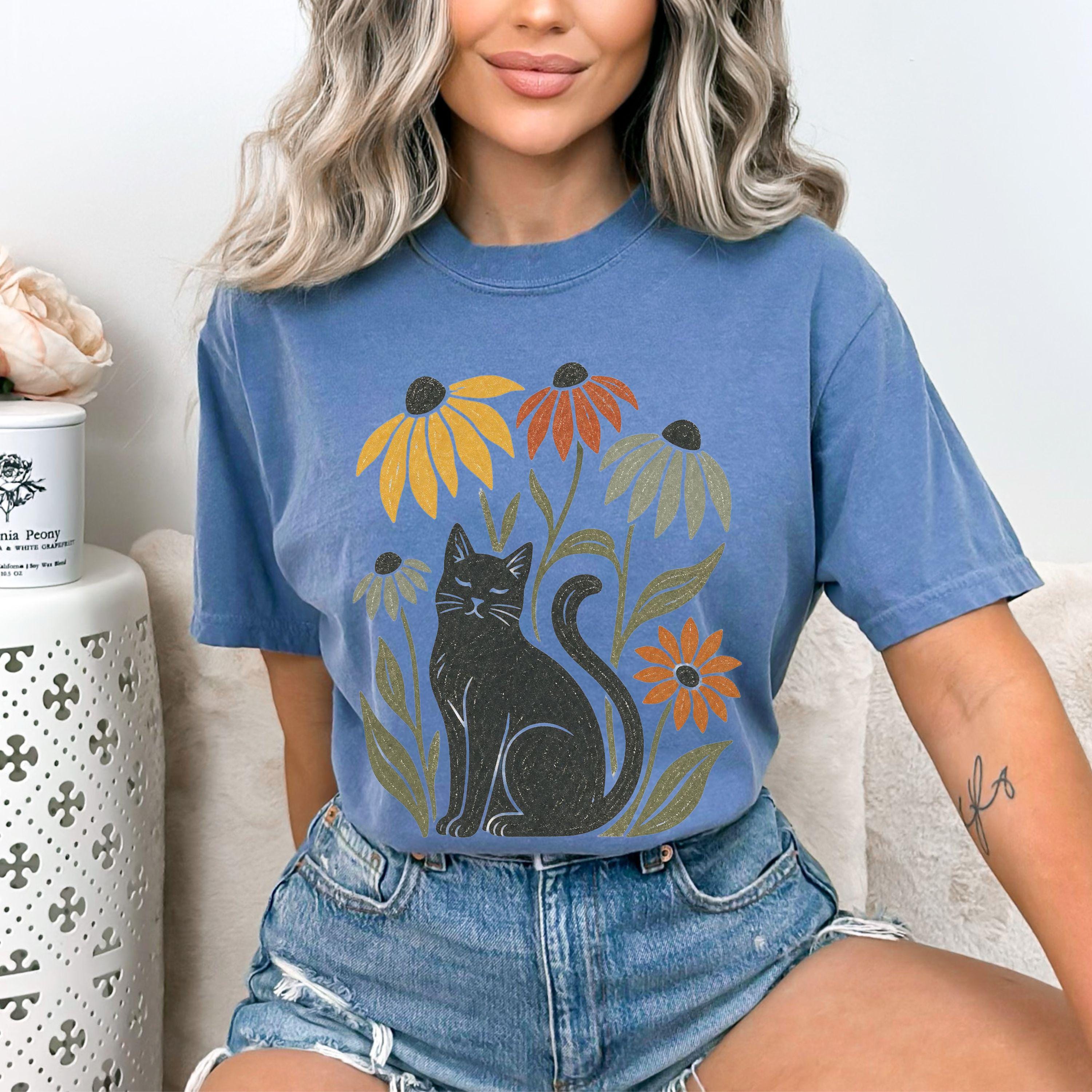 Black Cat with Coneflowers T-shirt | Floral Cat Tee product photo 4