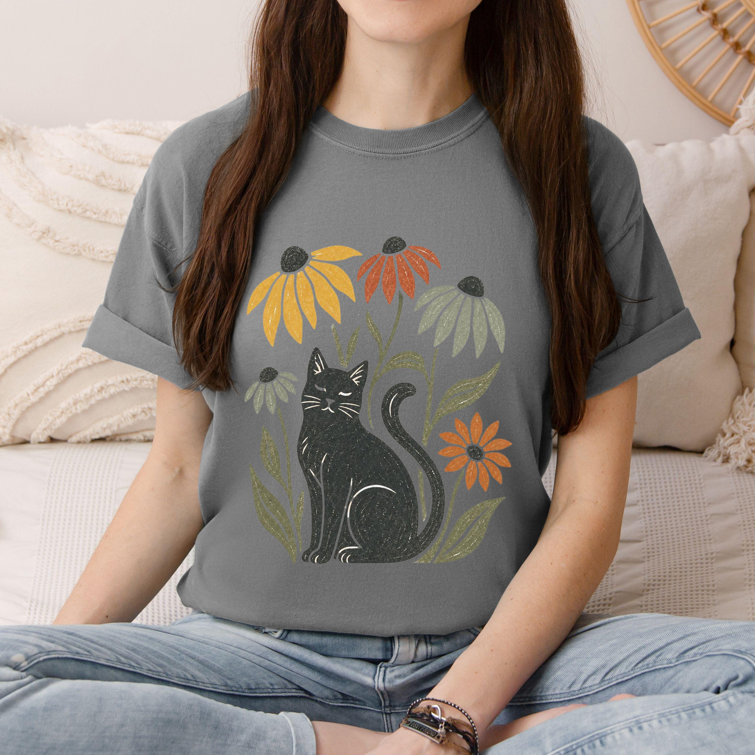 Black Cat with Coneflowers T-shirt | Floral Cat Tee product photo 5