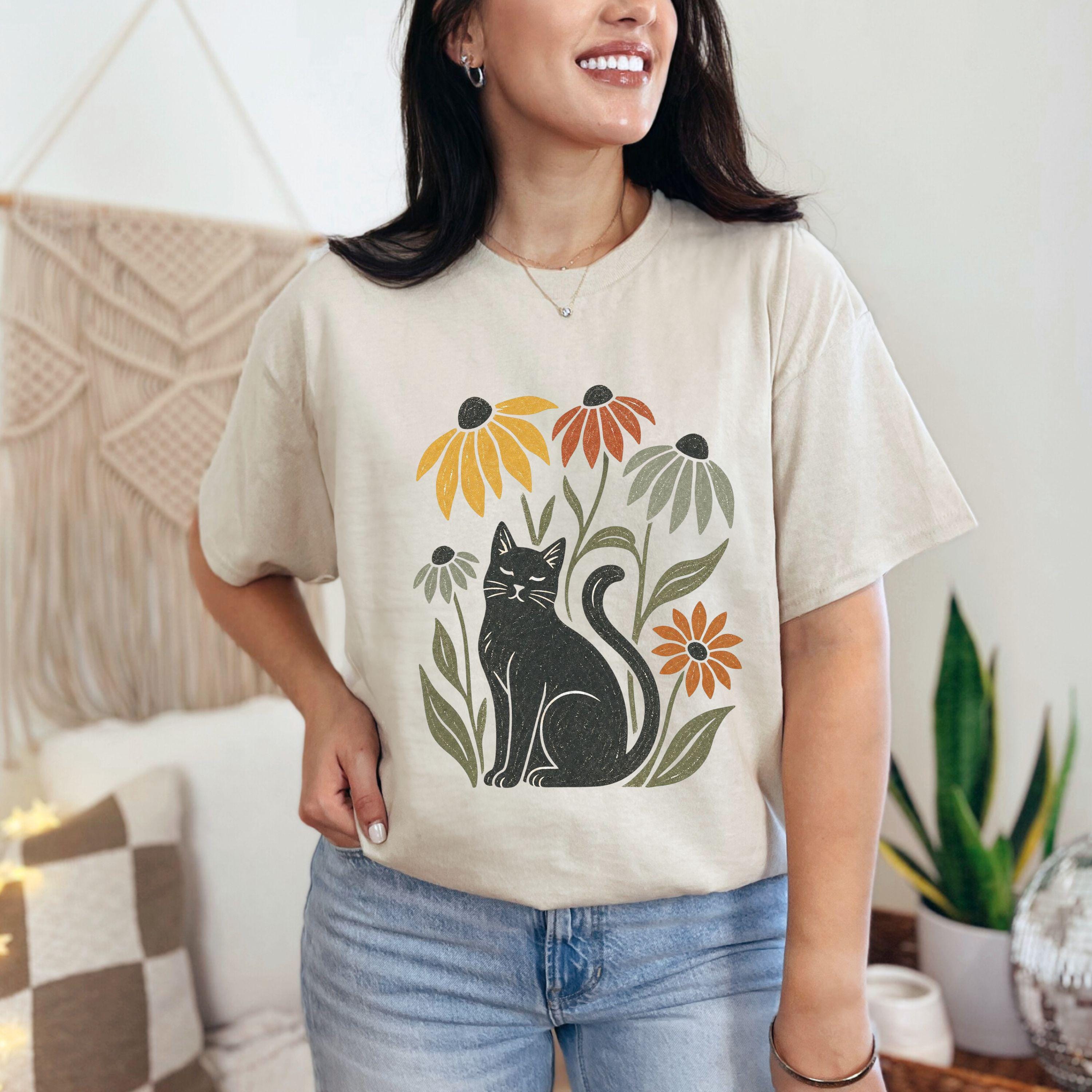 Black Cat with Coneflowers T-shirt | Floral Cat Tee product photo 6