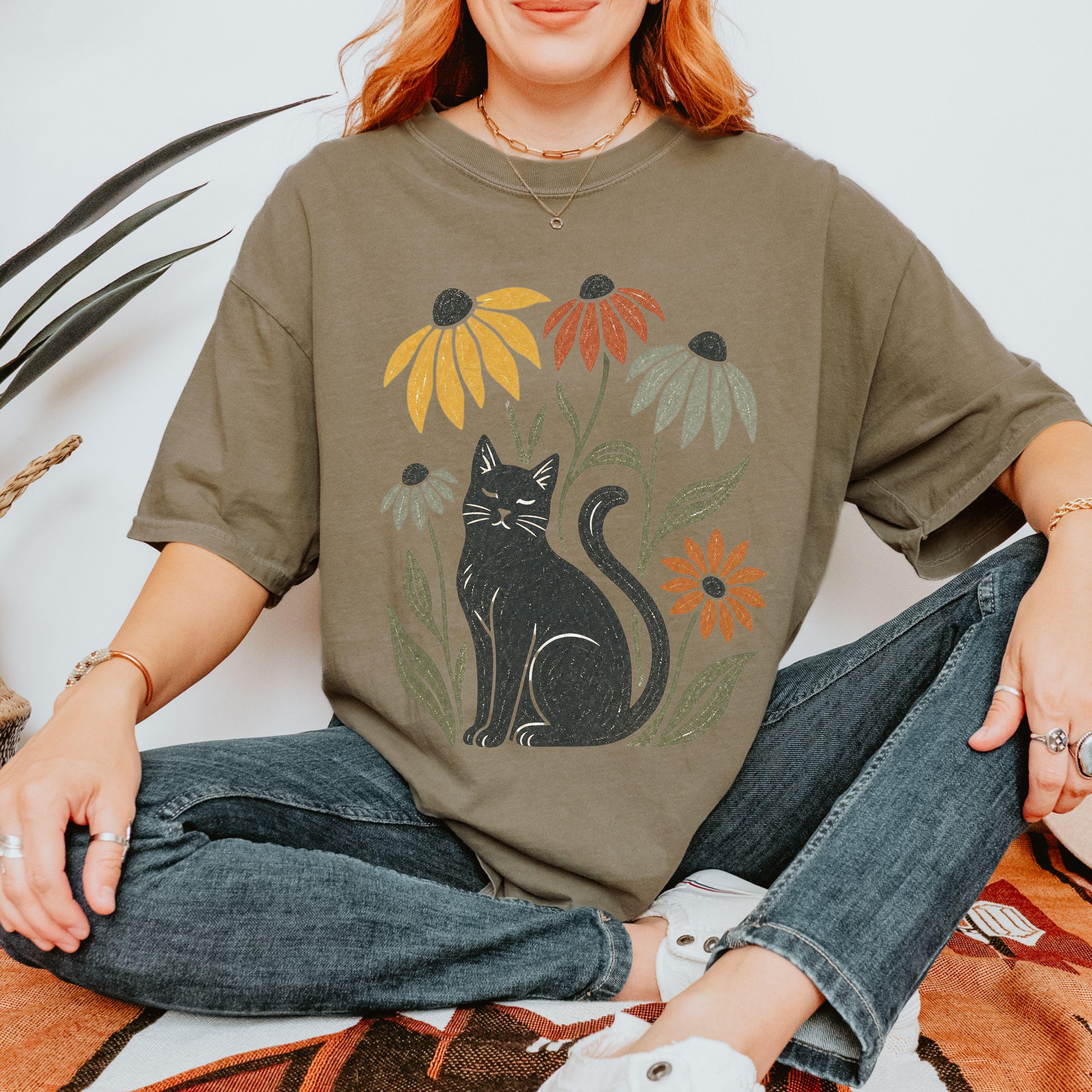Black Cat with Coneflowers T-shirt | Floral Cat Tee product photo 7
