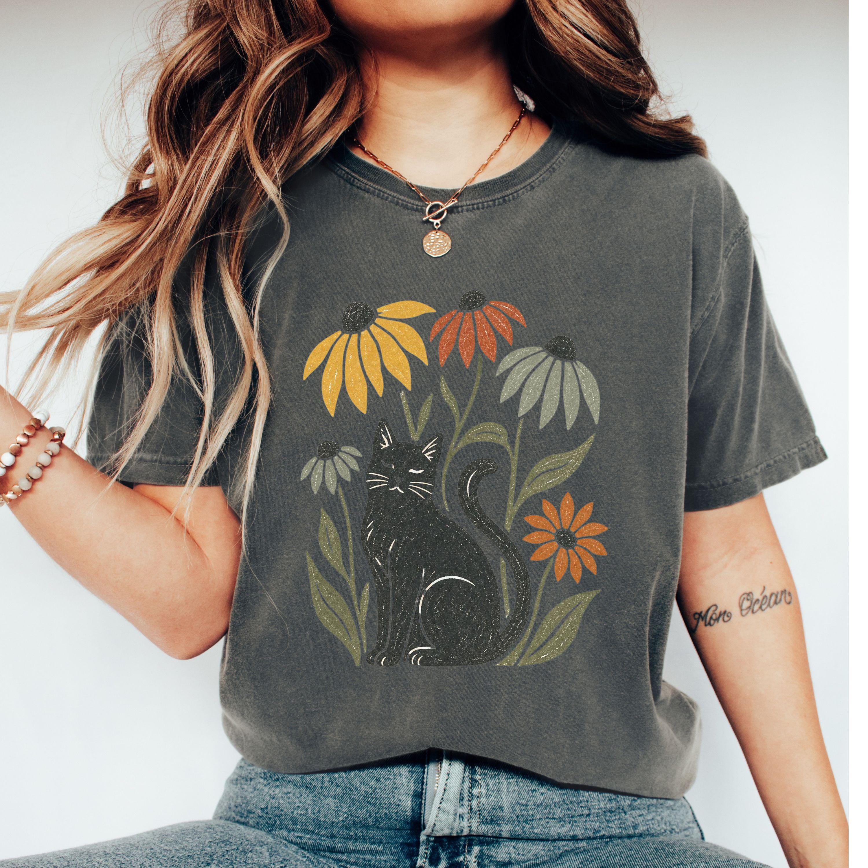 Black Cat with Coneflowers T-shirt | Floral Cat Tee product photo 8