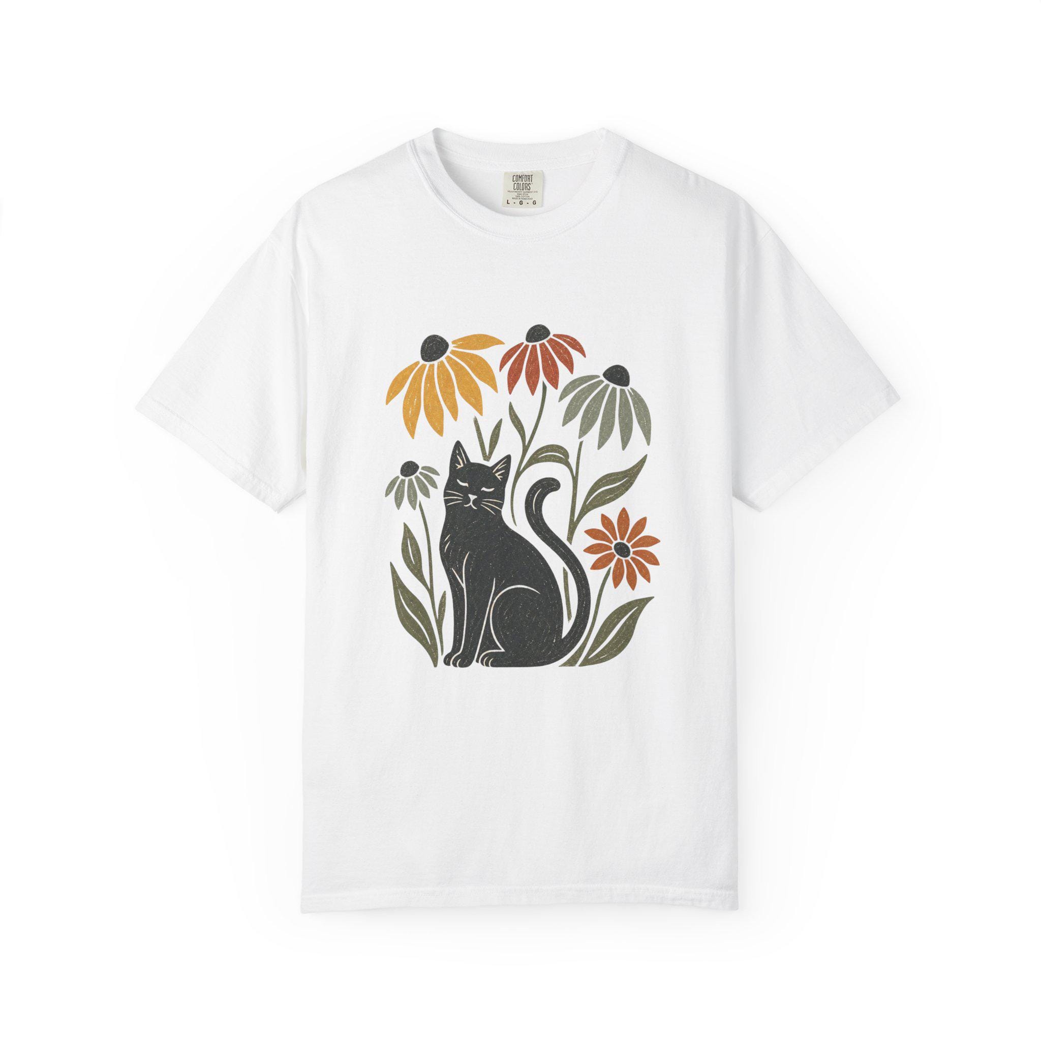 Black Cat with Coneflowers T-shirt | Floral Cat Tee product photo 9