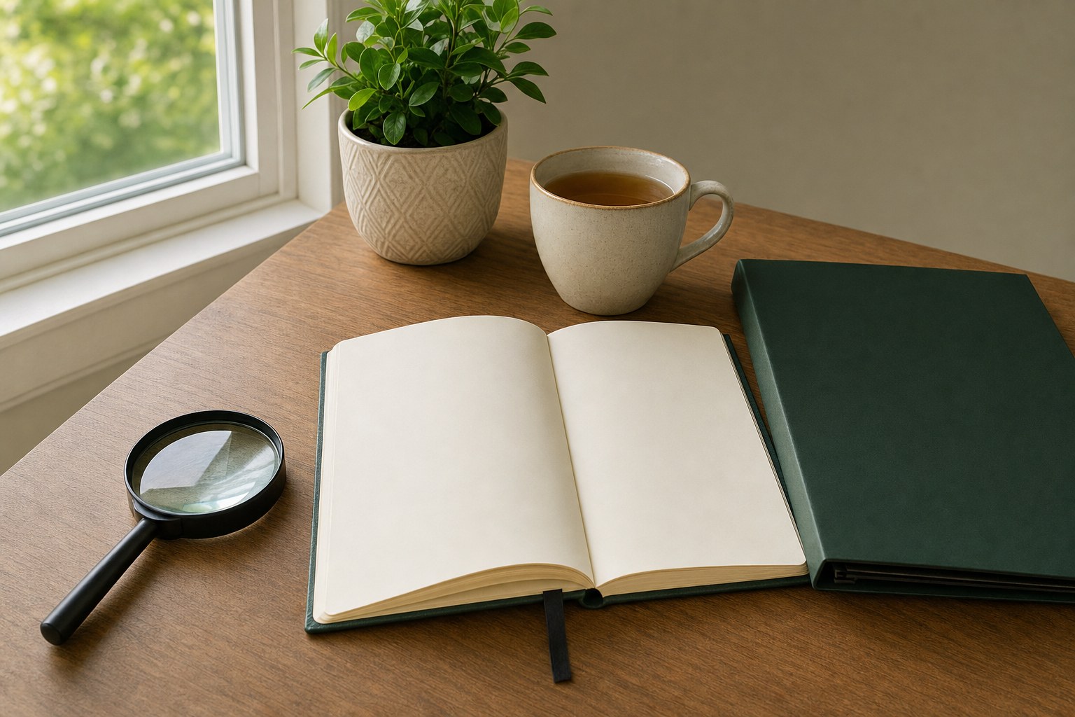 Open notebook, magnifying glass, tea, and a green folder on a sunlit desk