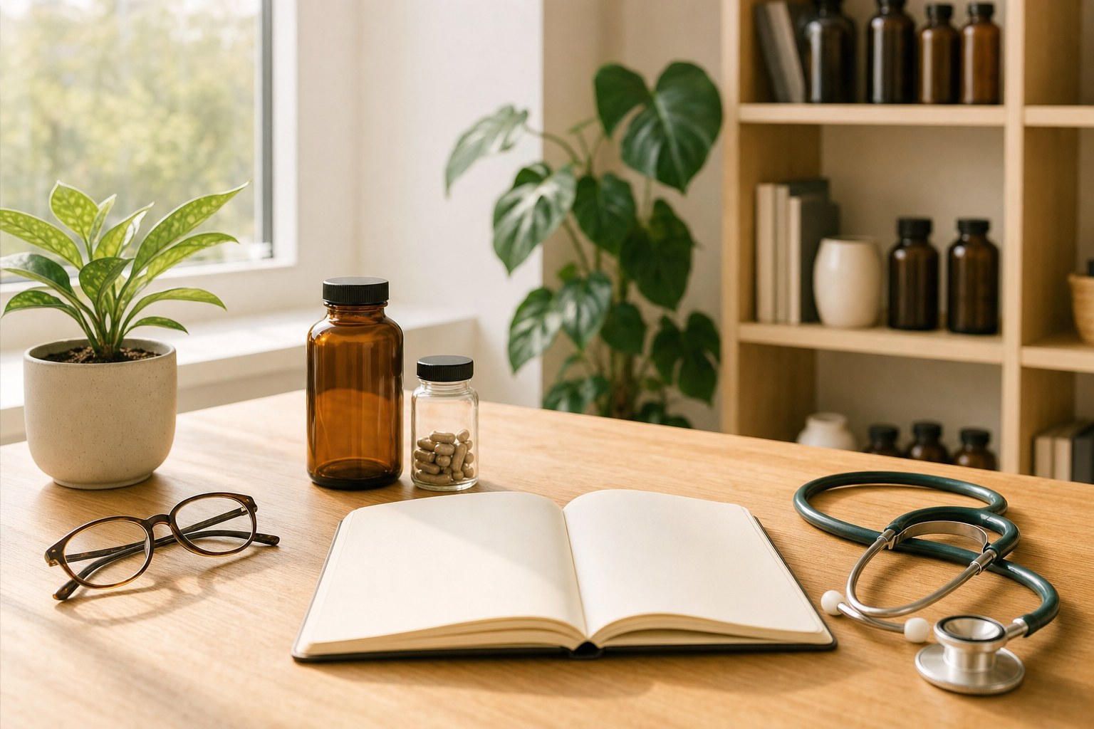 Unlabeled wellness bottles, a notebook, glasses, and a stethoscope on a sunlit consultation desk