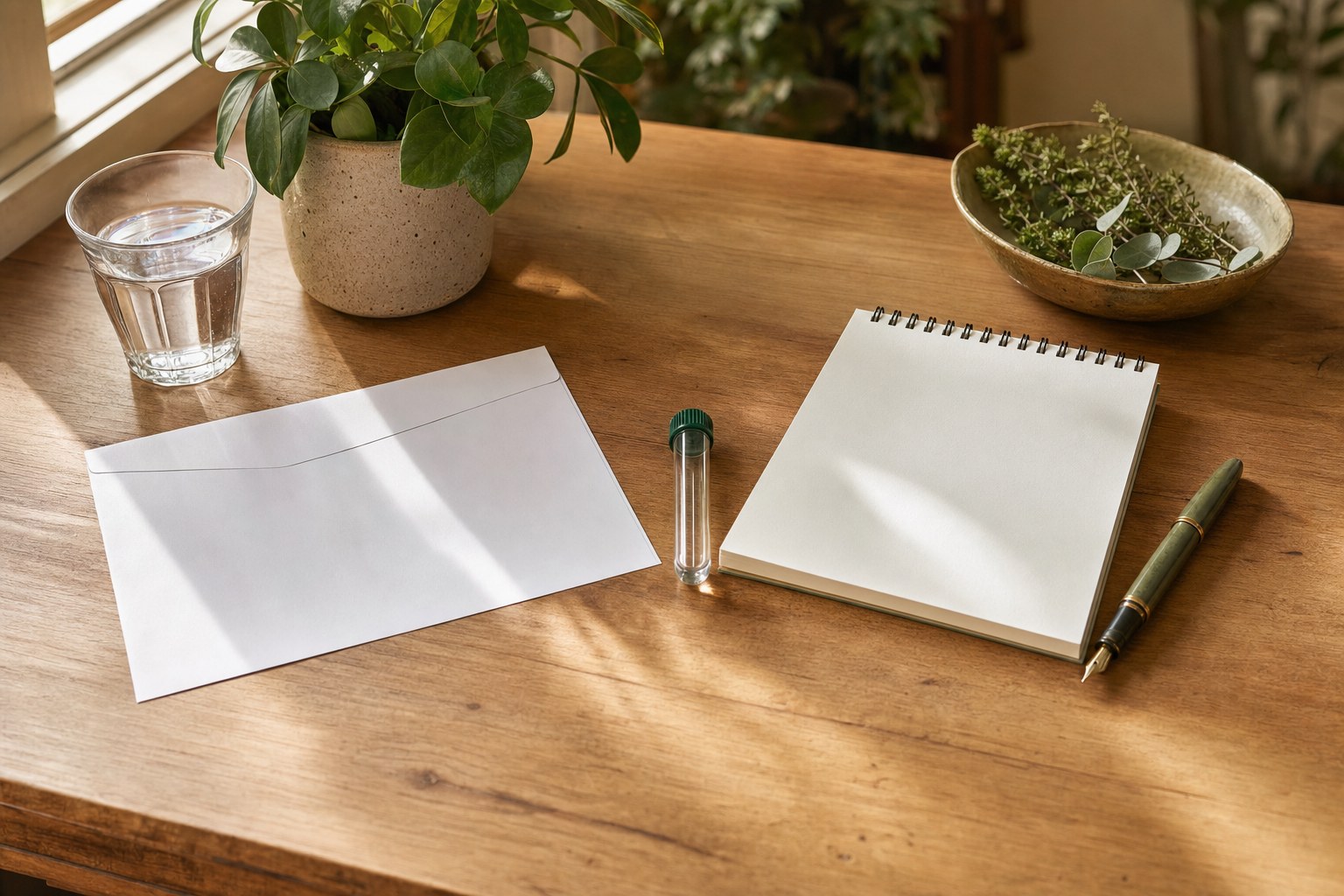 Unbranded specimen tube, blank notebook, and pen arranged on a sunlit consultation table