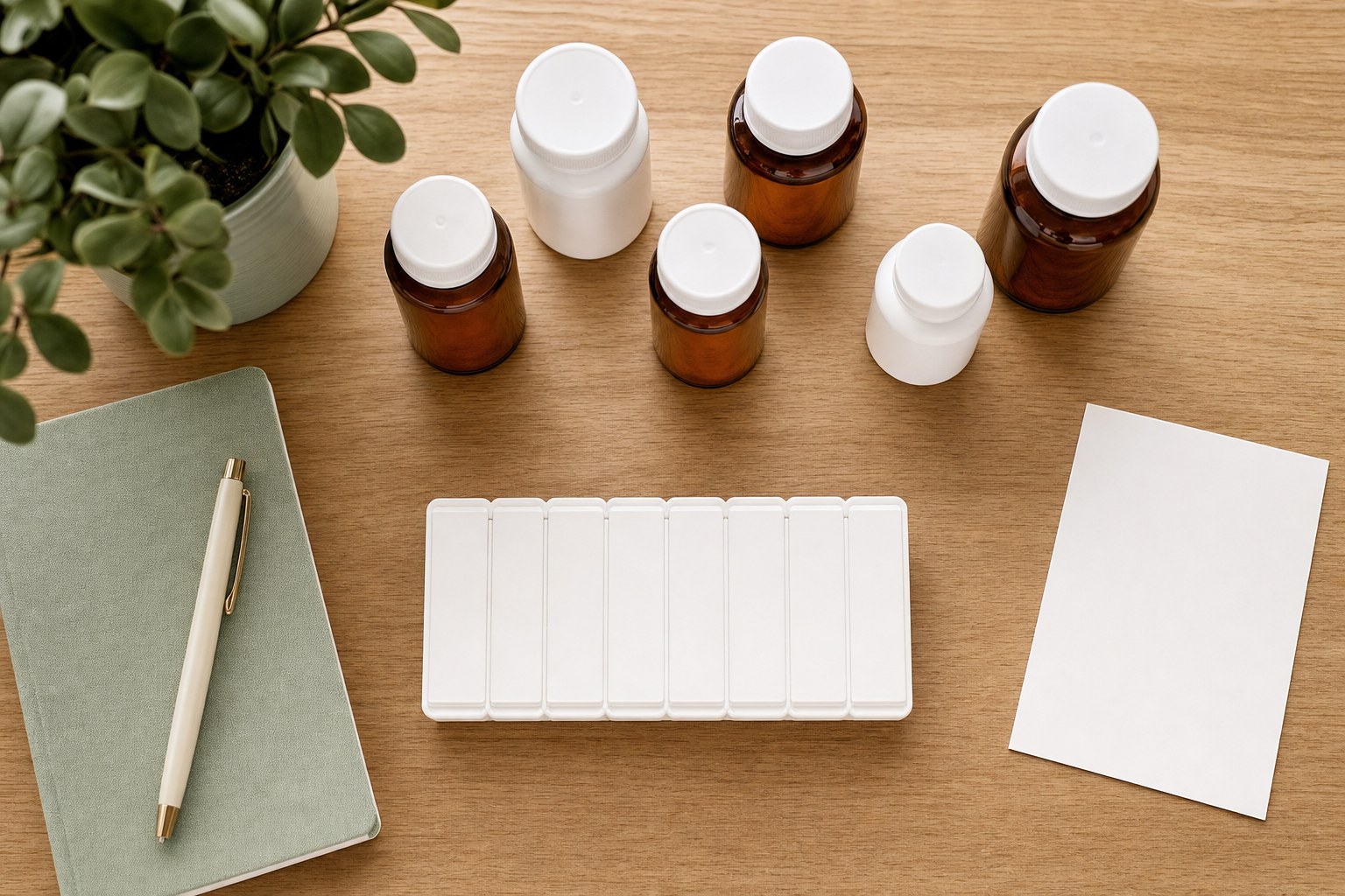 Unlabeled medicine and supplement bottles beside a weekly organizer on a desk