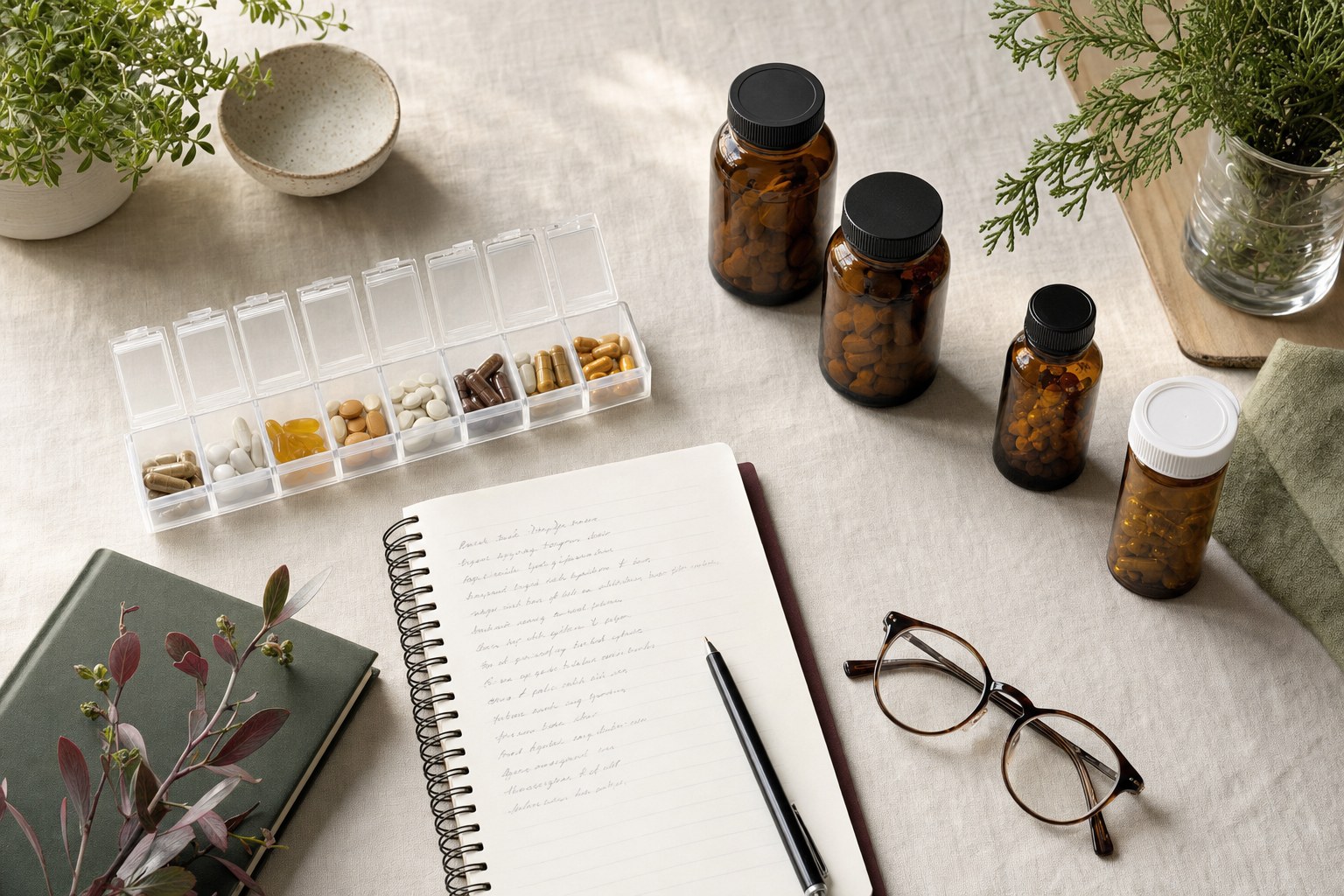 Unlabeled medicine and supplement bottles, a weekly organizer, and a notebook on a linen-covered table