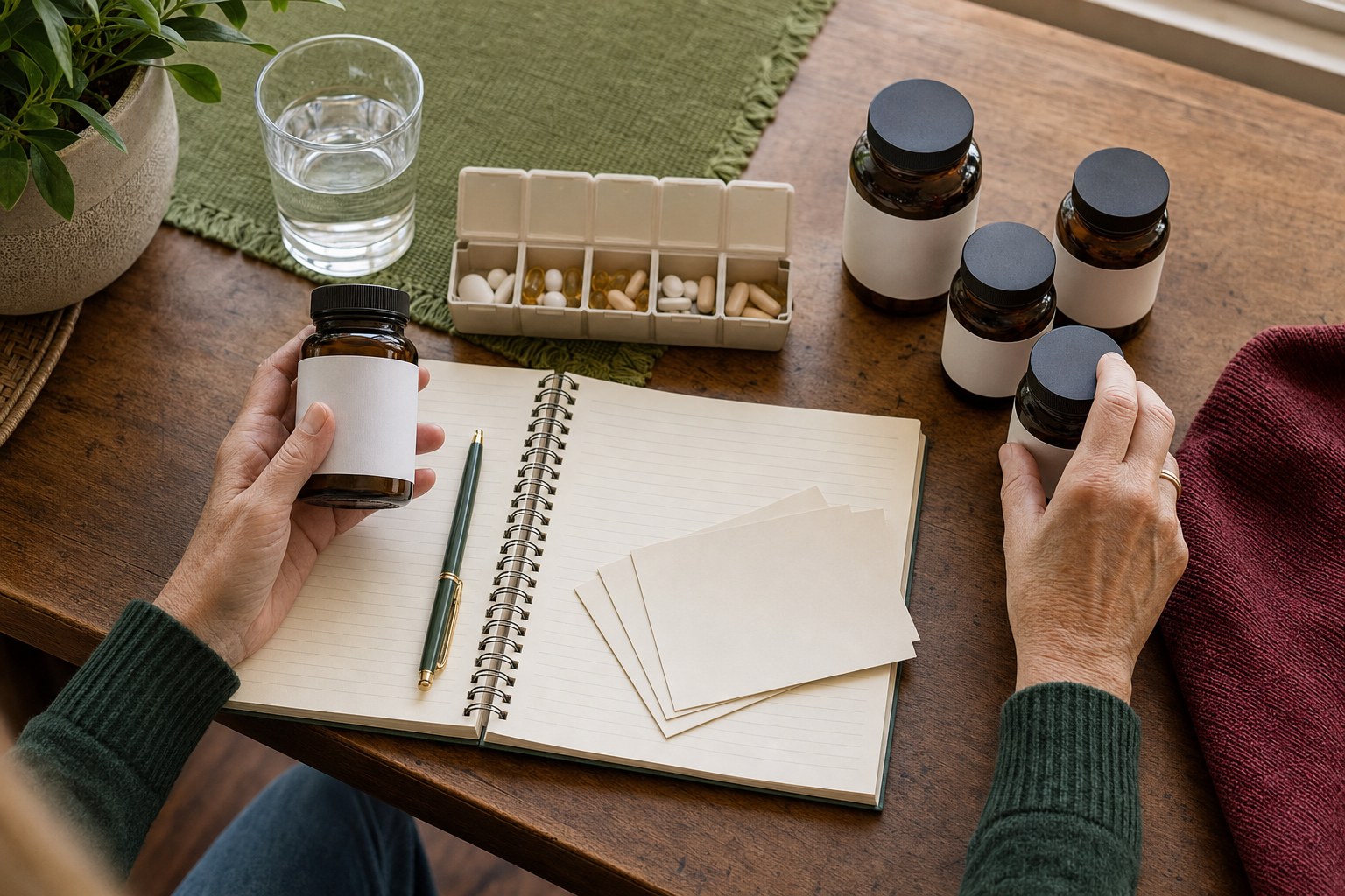 Person arranging unlabeled medicine and supplement bottles beside a weekly organizer and notebook