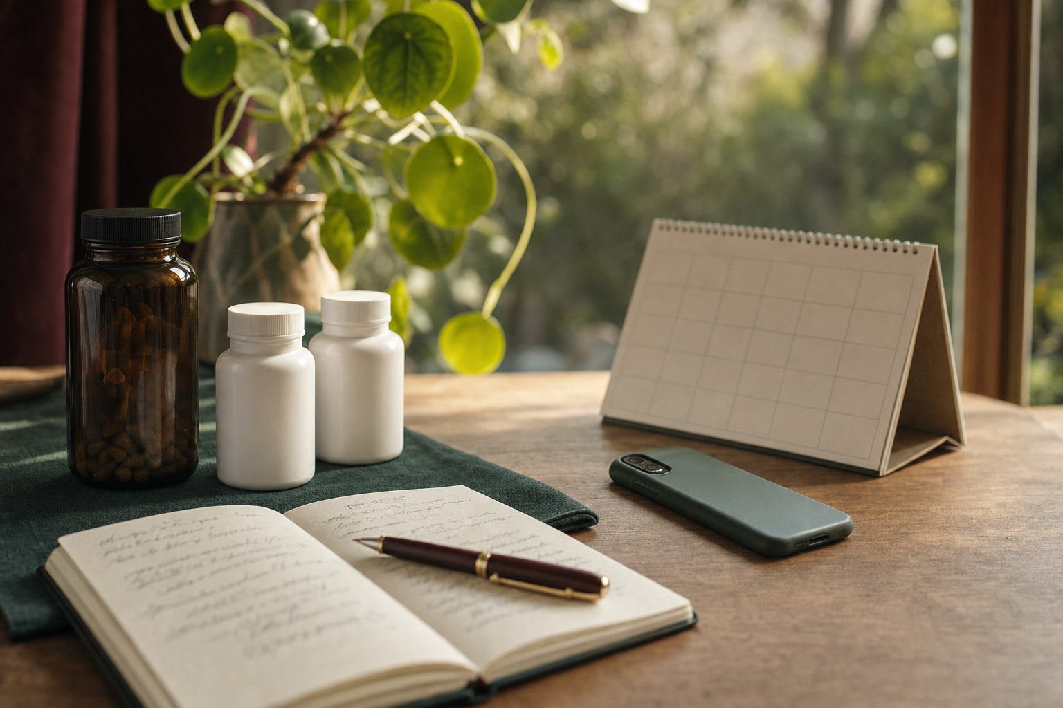 Unlabeled bottles, a blank calendar, and a notebook prepared for a health conversation