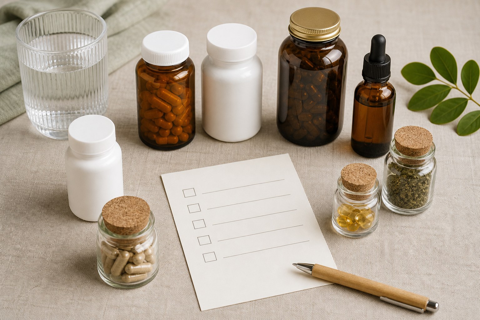 Unbranded medicine, vitamin, and herbal supplement containers beside a checklist
