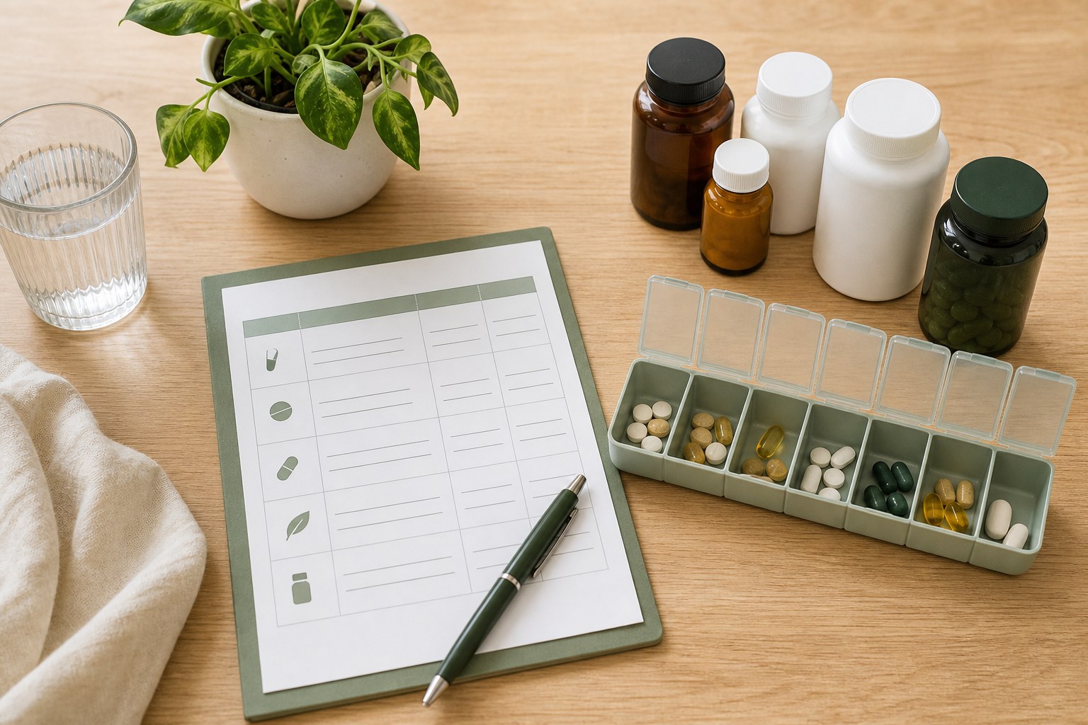 Organized medication and supplement list beside unbranded bottles and a weekly pill organizer